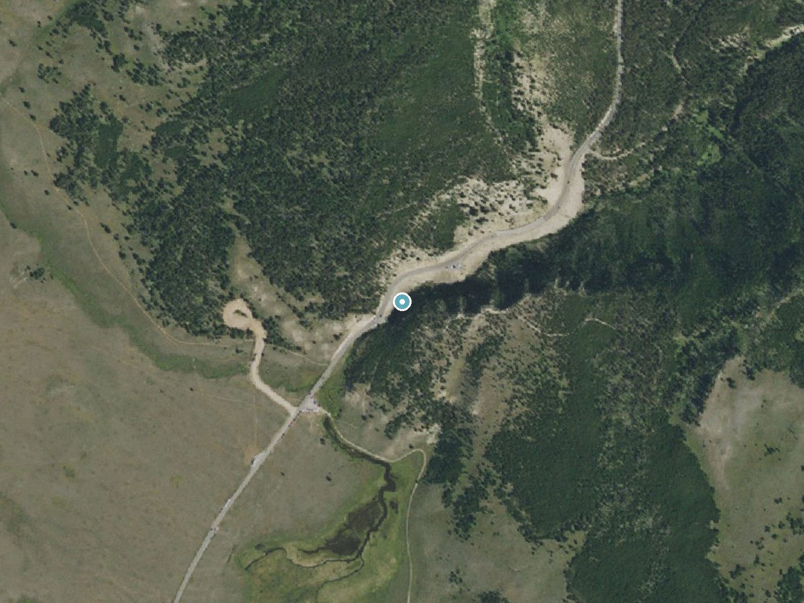 Aerial photo of the same ground around Rustic Falls near Mammoth, Wyoming, for comparison with the lidar view