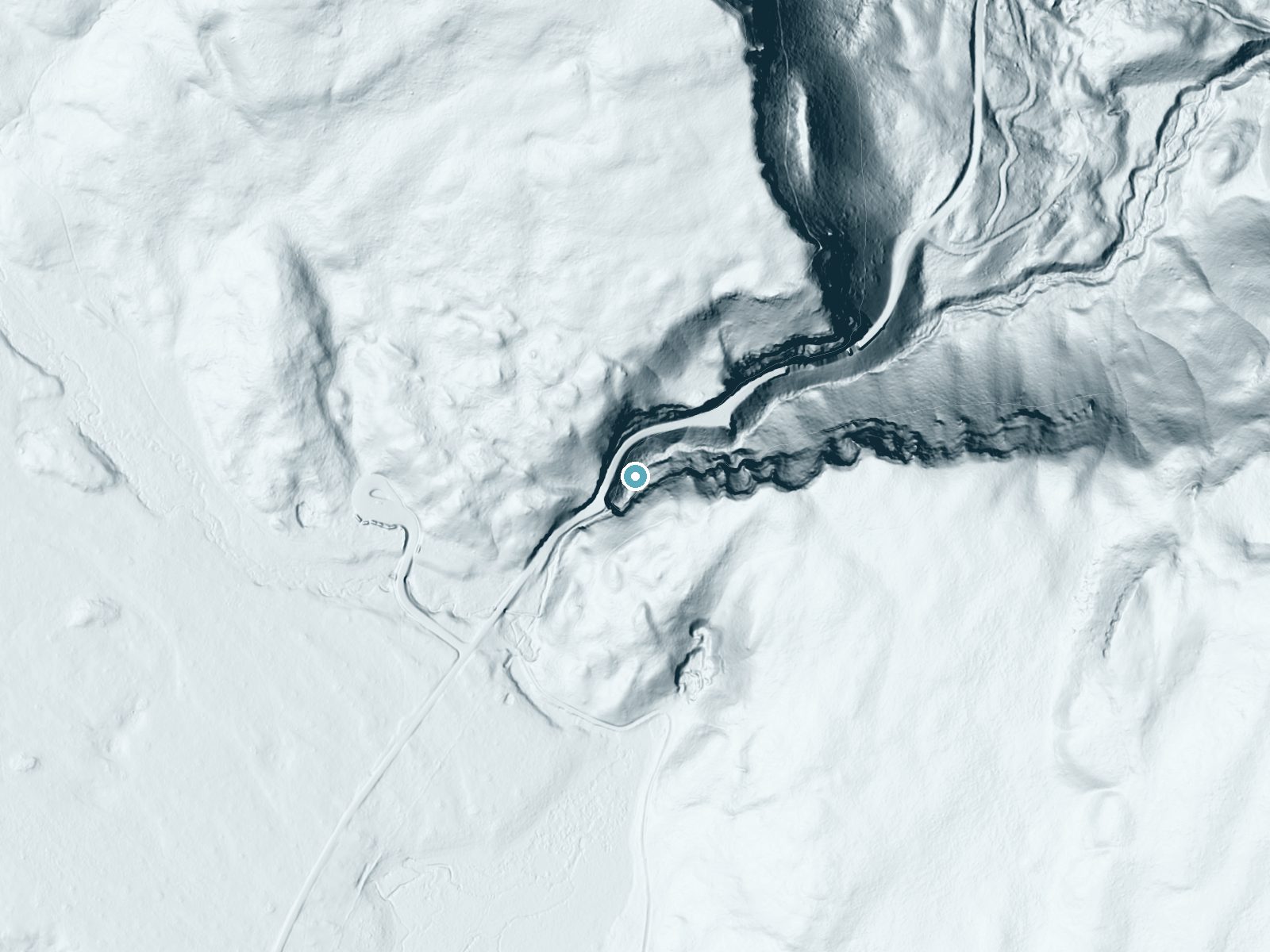 LiDAR bare-earth terrain around Rustic Falls near Mammoth, Wyoming, showing about 208 feet of drop, a steep tiered drop, facing north