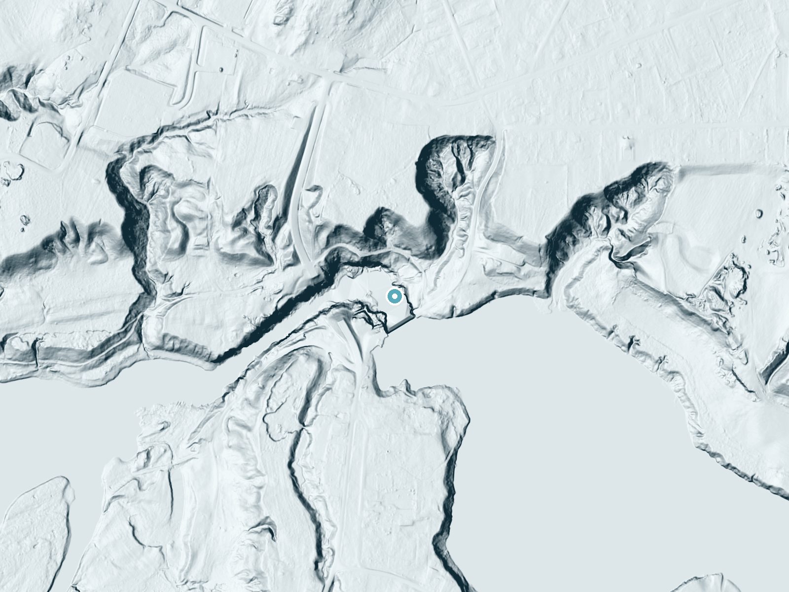LiDAR bare-earth terrain around Highgate Falls near Highgate Center, Vermont, showing about 83 feet of drop, a steep tiered drop, facing west