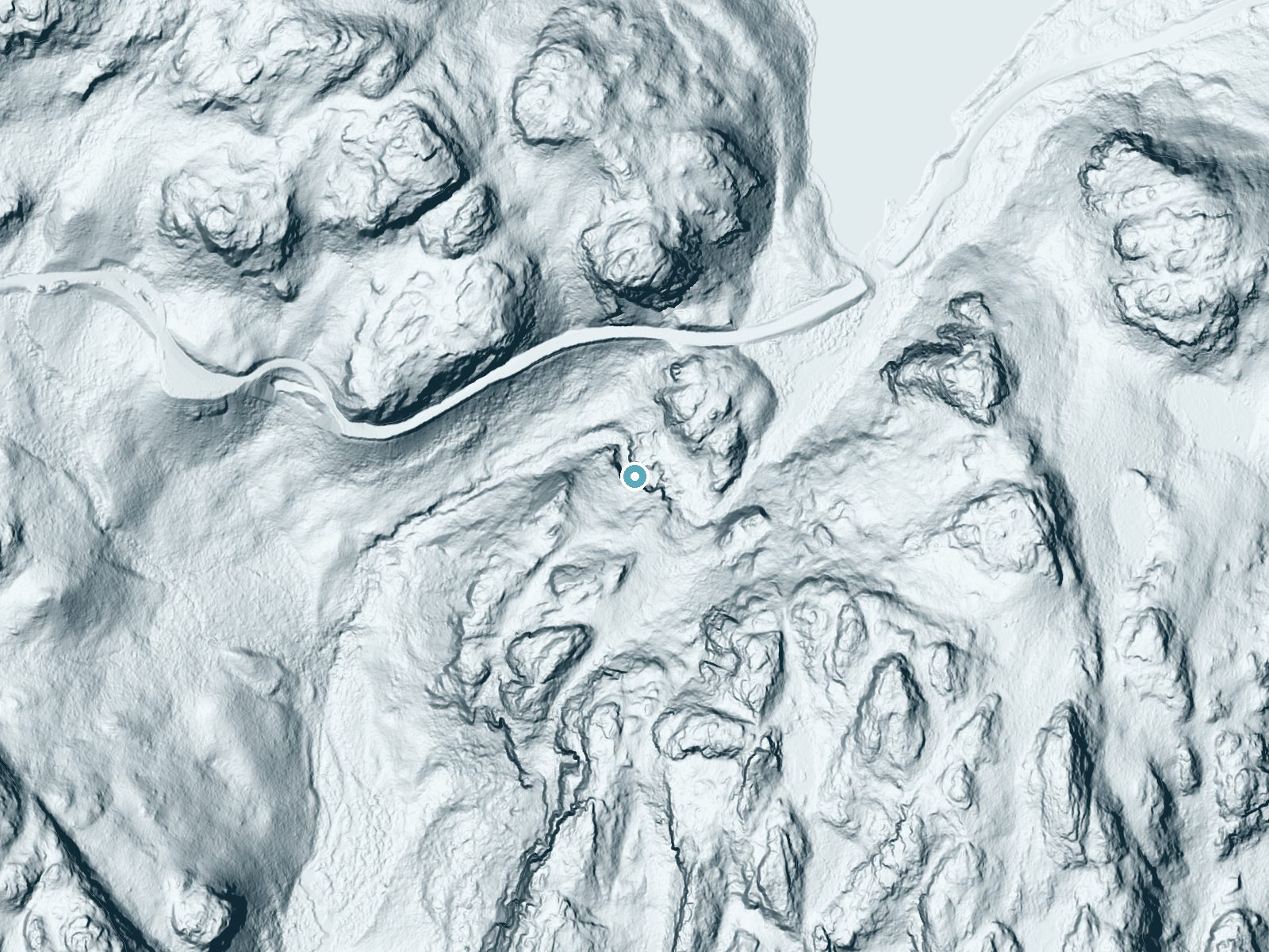 LiDAR bare-earth terrain around Beartooth Falls near Cooke City, Wyoming, showing about 180 feet of drop, a steep tiered drop, facing northwest