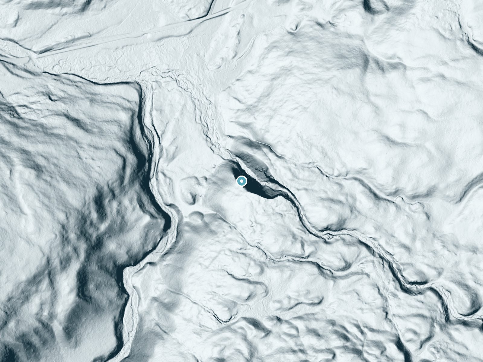 LiDAR bare-earth terrain around Wraith Falls near Mammoth, Wyoming, showing about 193 feet of drop, a steep tiered drop, facing north