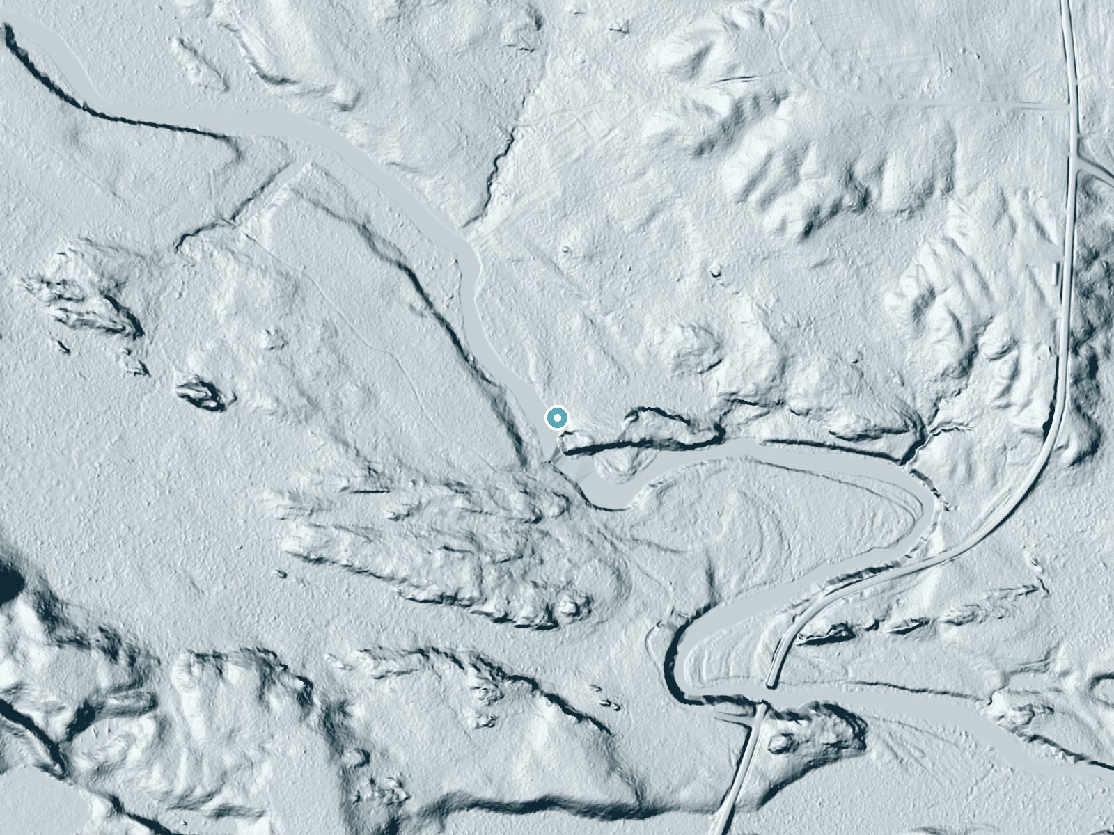 LiDAR bare-earth terrain around Beartrap Falls near Middle Village, Wisconsin, showing about 25 feet of drop