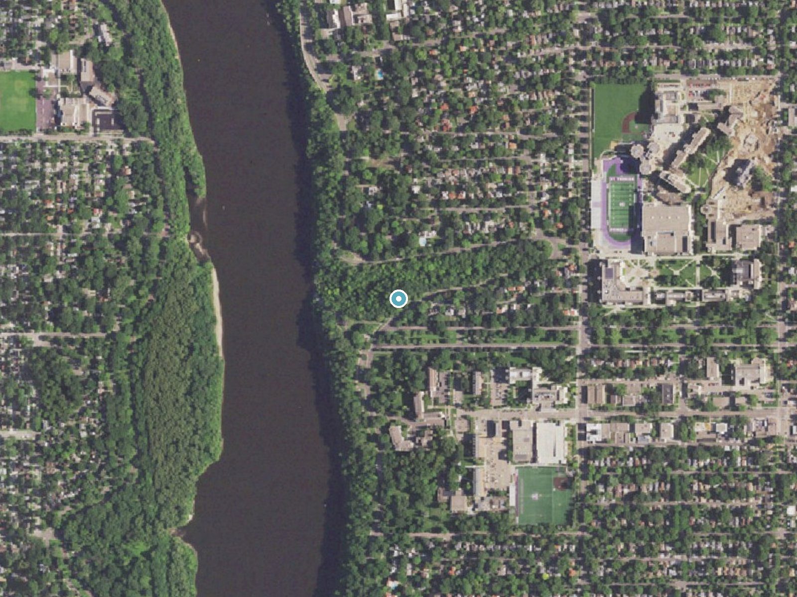 Aerial photo of the same ground around Shadow Falls near Lauderdale, Minnesota, for comparison with the lidar view