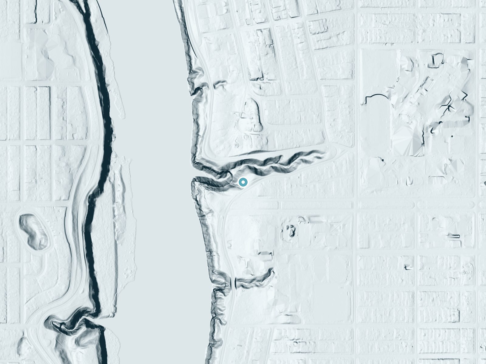 LiDAR bare-earth terrain around Shadow Falls near Lauderdale, Minnesota, showing about 117 feet of drop, a steep tiered drop, facing northwest