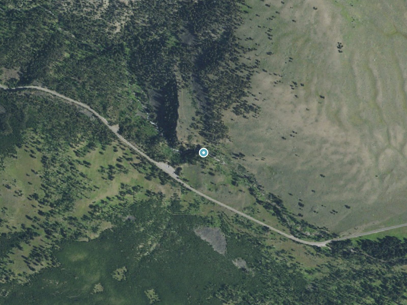 Aerial photo of the same ground around Undine Falls near Mammoth, Wyoming, for comparison with the lidar view