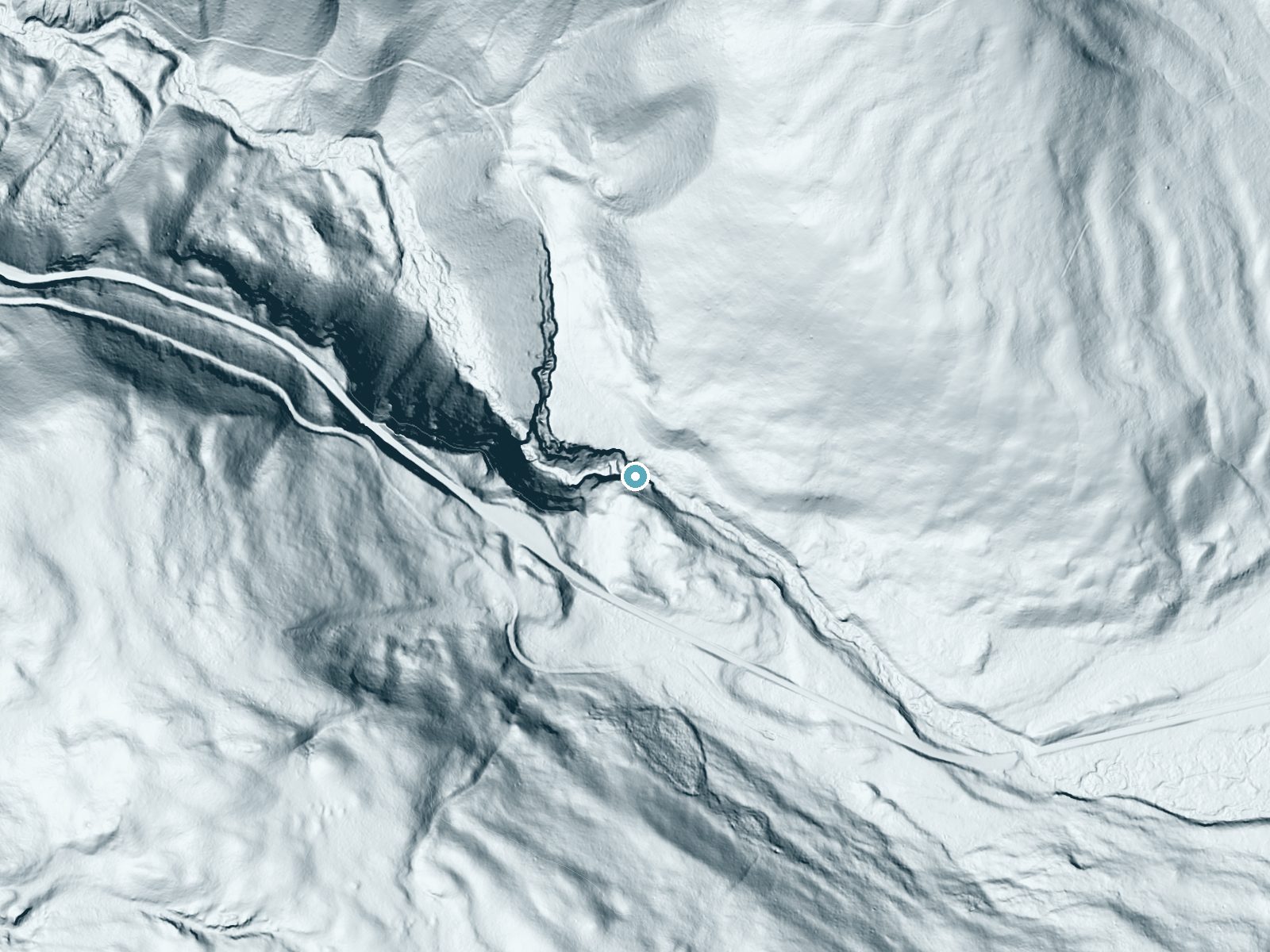 LiDAR bare-earth terrain around Undine Falls near Mammoth, Wyoming, showing about 167 feet of drop, a steep tiered drop, facing west