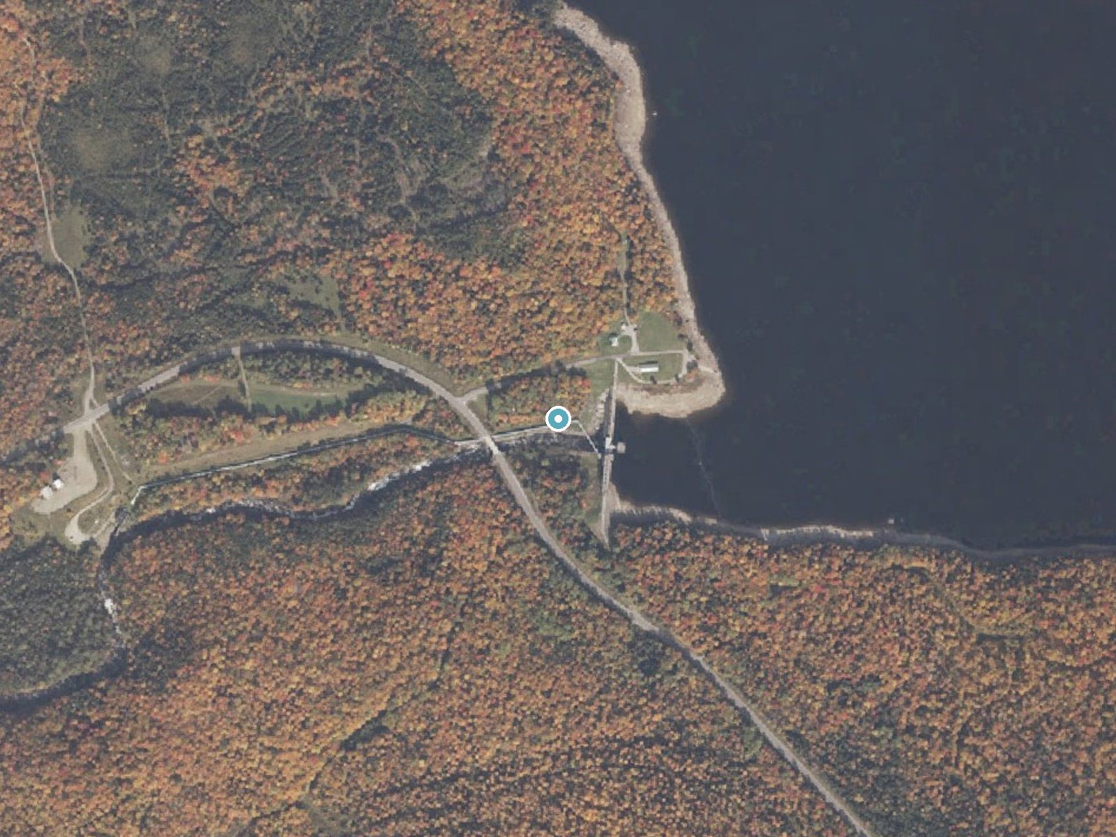 Aerial photo of the same ground around Aziscohos Falls (historical) near Rangeley, Maine, for comparison with the lidar view