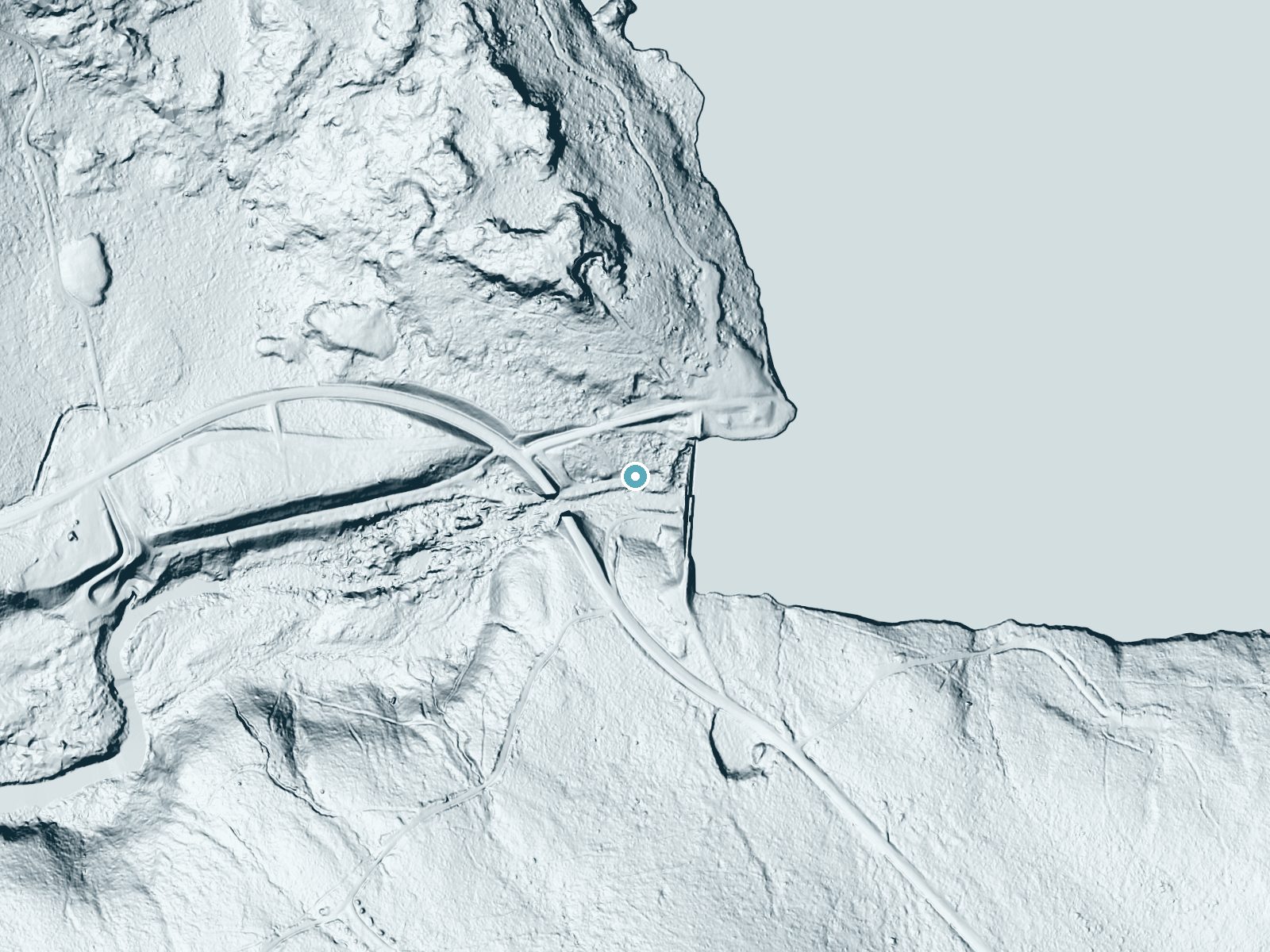 LiDAR bare-earth terrain around Aziscohos Falls (historical) near Rangeley, Maine, showing about 67 feet of drop, a long cascade, facing south