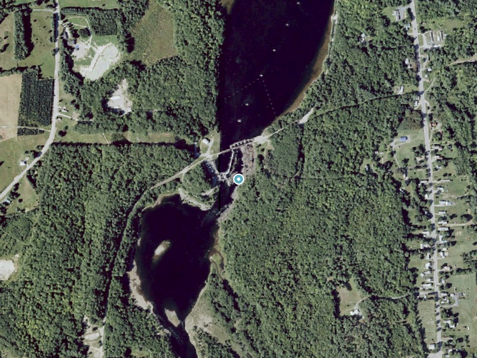 Aerial photo of the same ground around Caratunk Falls near North Anson, Maine, for comparison with the lidar view