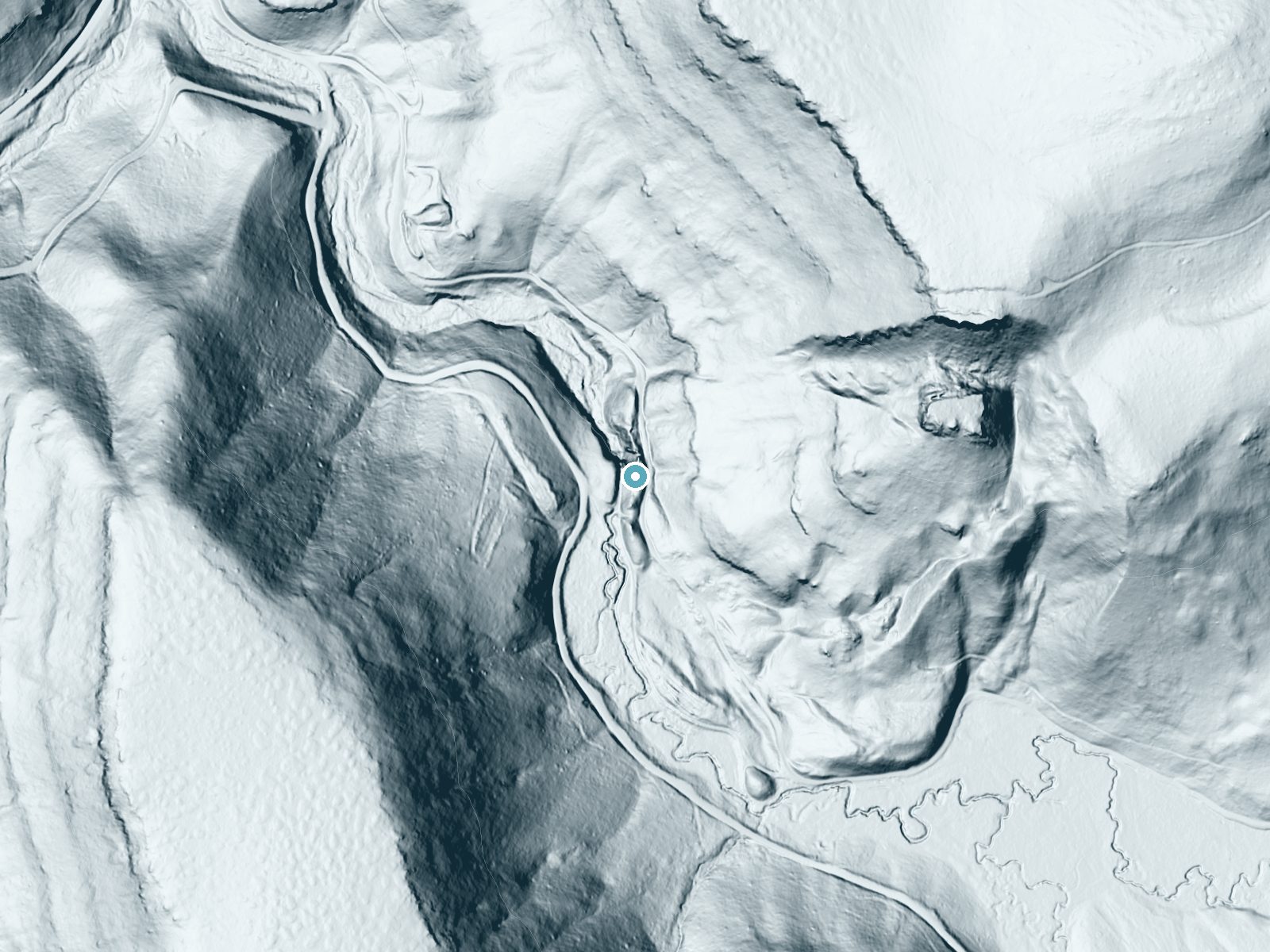 LiDAR bare-earth terrain around Meadow Brooks Falls near Ukiah, Oregon, showing about 111 feet of drop, a long cascade, facing northwest