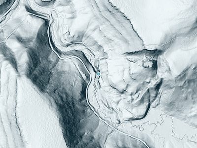LiDAR terrain view around Meadow Brooks Falls in Oregon, about 111 feet of drop