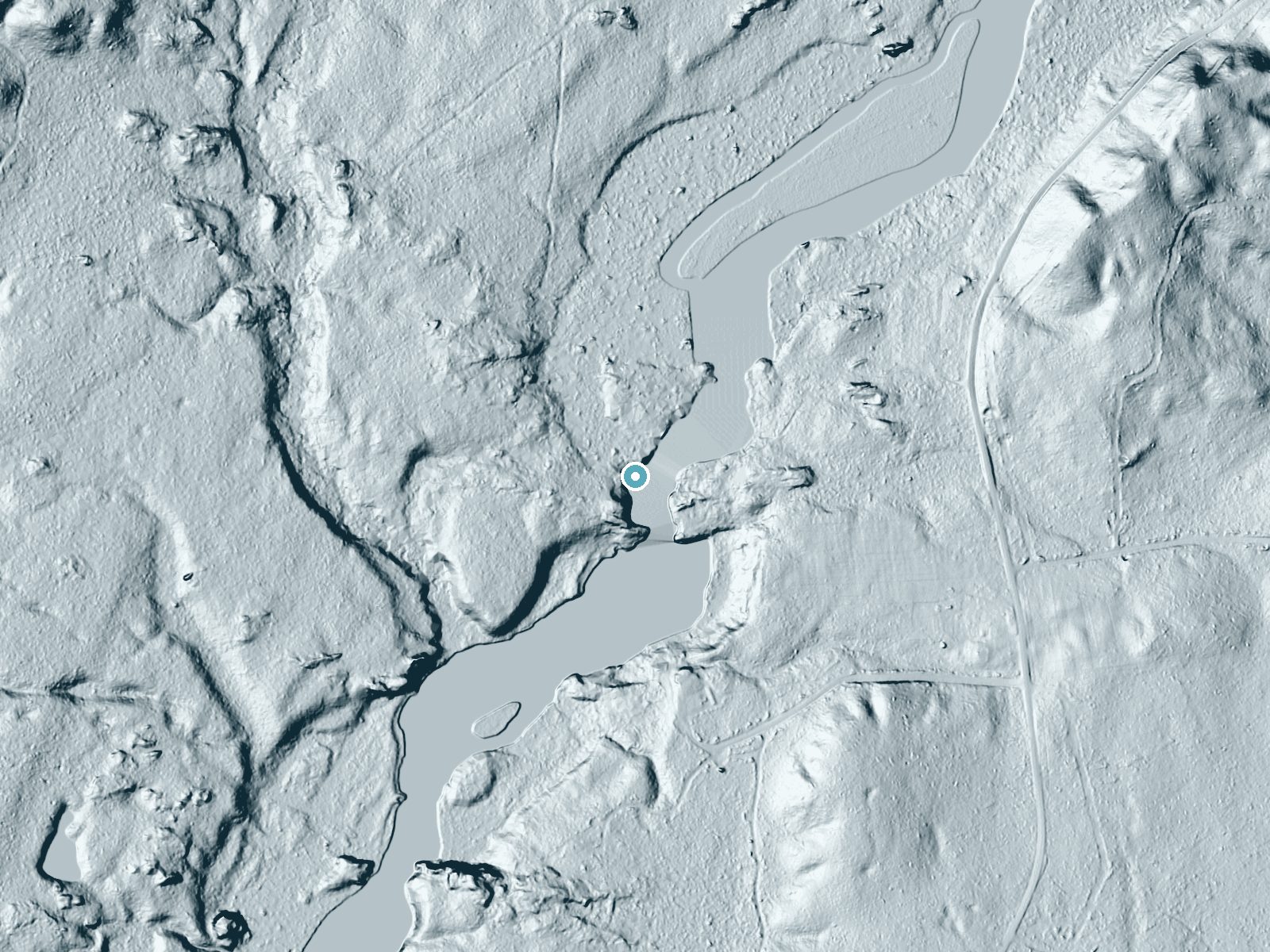 LiDAR bare-earth terrain around Big Eddy Falls near Middle Village, Wisconsin, showing about 20 feet of drop, a long cascade, facing southeast