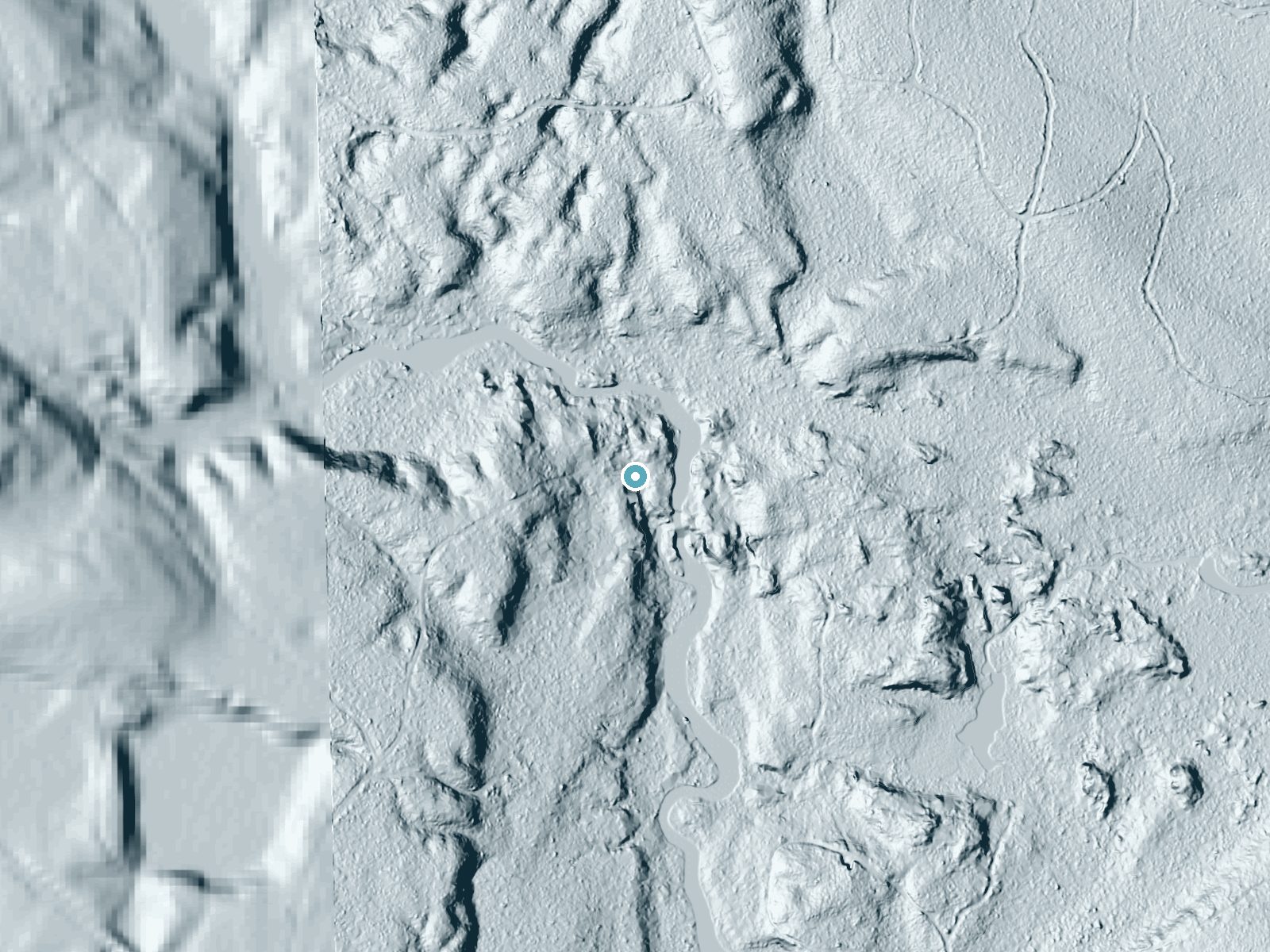 LiDAR bare-earth terrain around Peavey Falls near Middle Village, Wisconsin, showing about 27 feet of drop, a long cascade, facing southeast