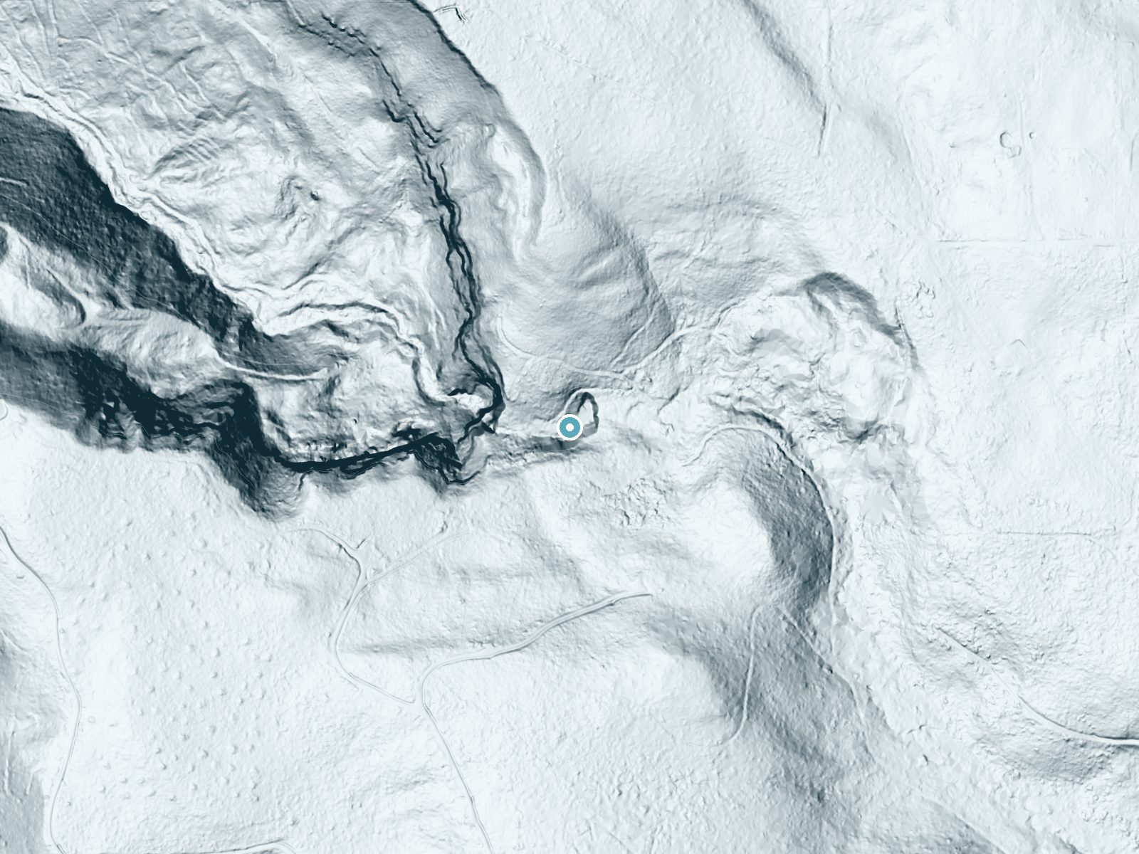 LiDAR bare-earth terrain around Fall Creek Falls near Scotts Mills, Oregon, showing about 94 feet of drop, a steep tiered drop, facing northwest