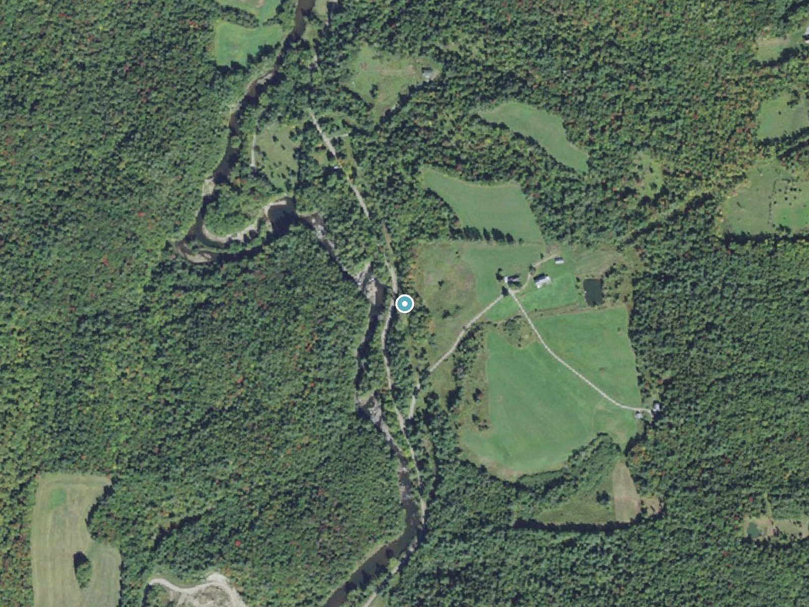 Aerial photo of the same ground around Big Falls near North Troy, Vermont, for comparison with the lidar view
