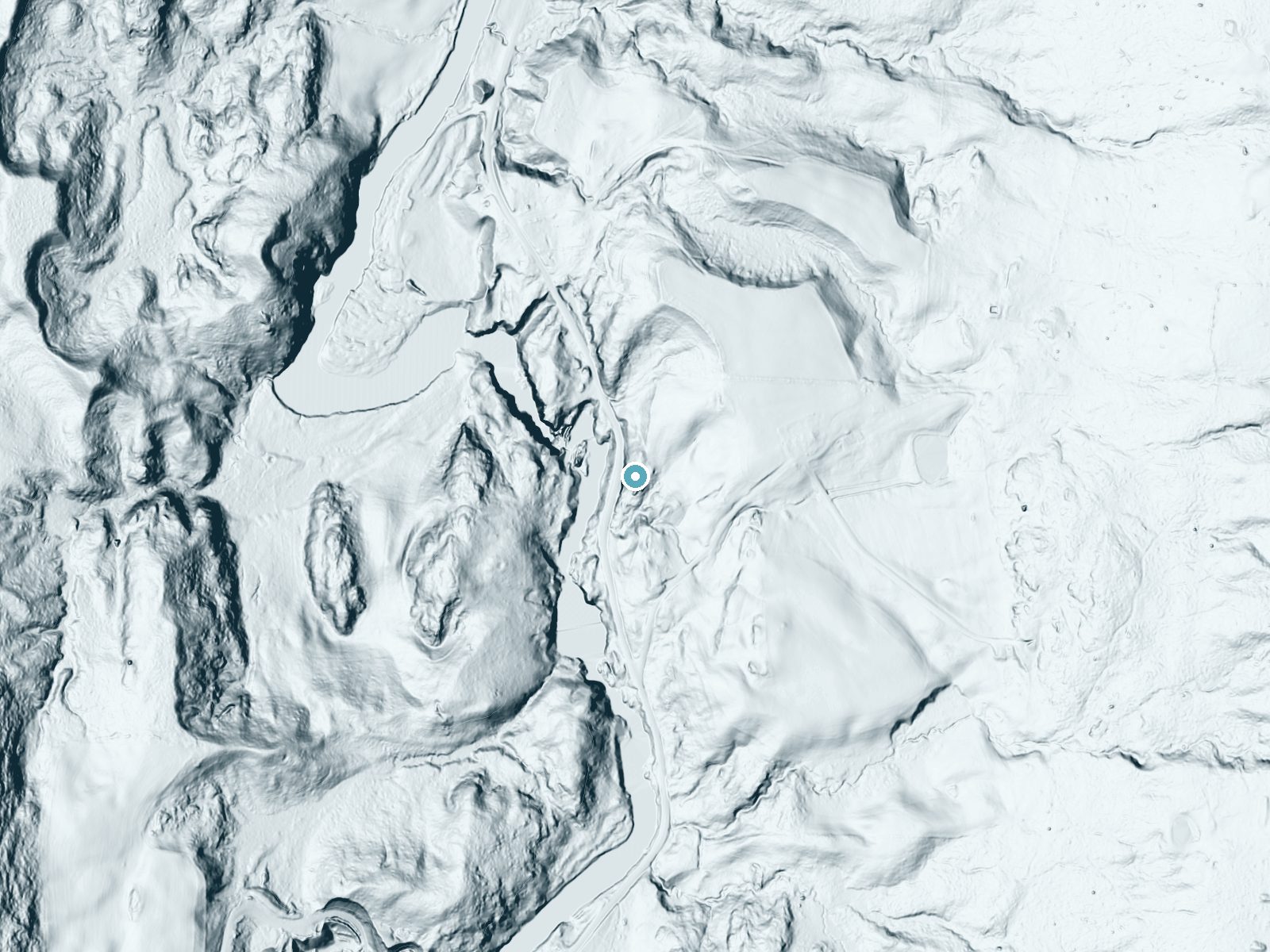 LiDAR bare-earth terrain around Big Falls near North Troy, Vermont, showing about 95 feet of drop, a steep tiered drop, facing west