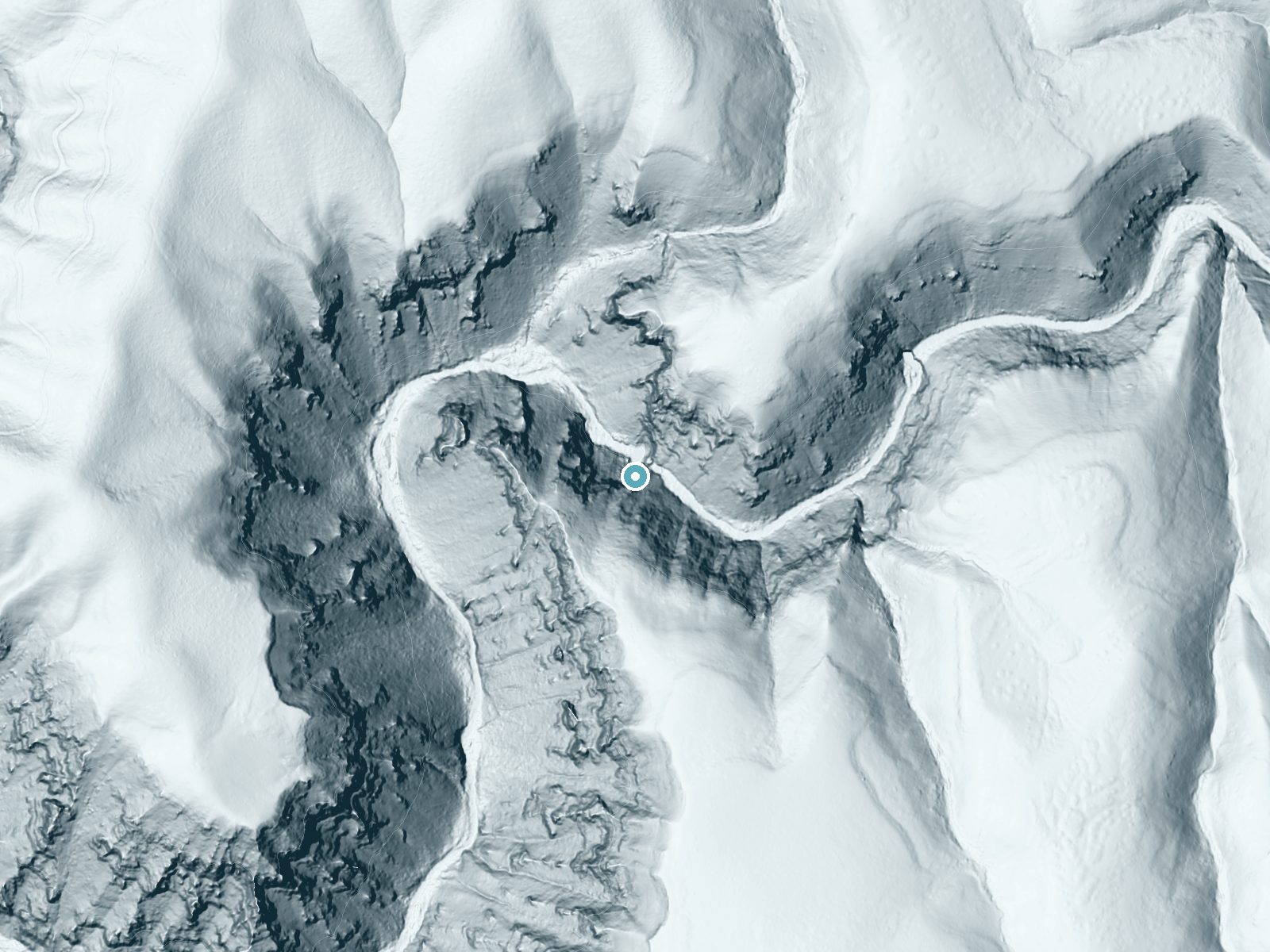 LiDAR bare-earth terrain around Bear Creek Falls near New Meadows, Idaho, showing about 308 feet of drop, a single sheer drop, facing north