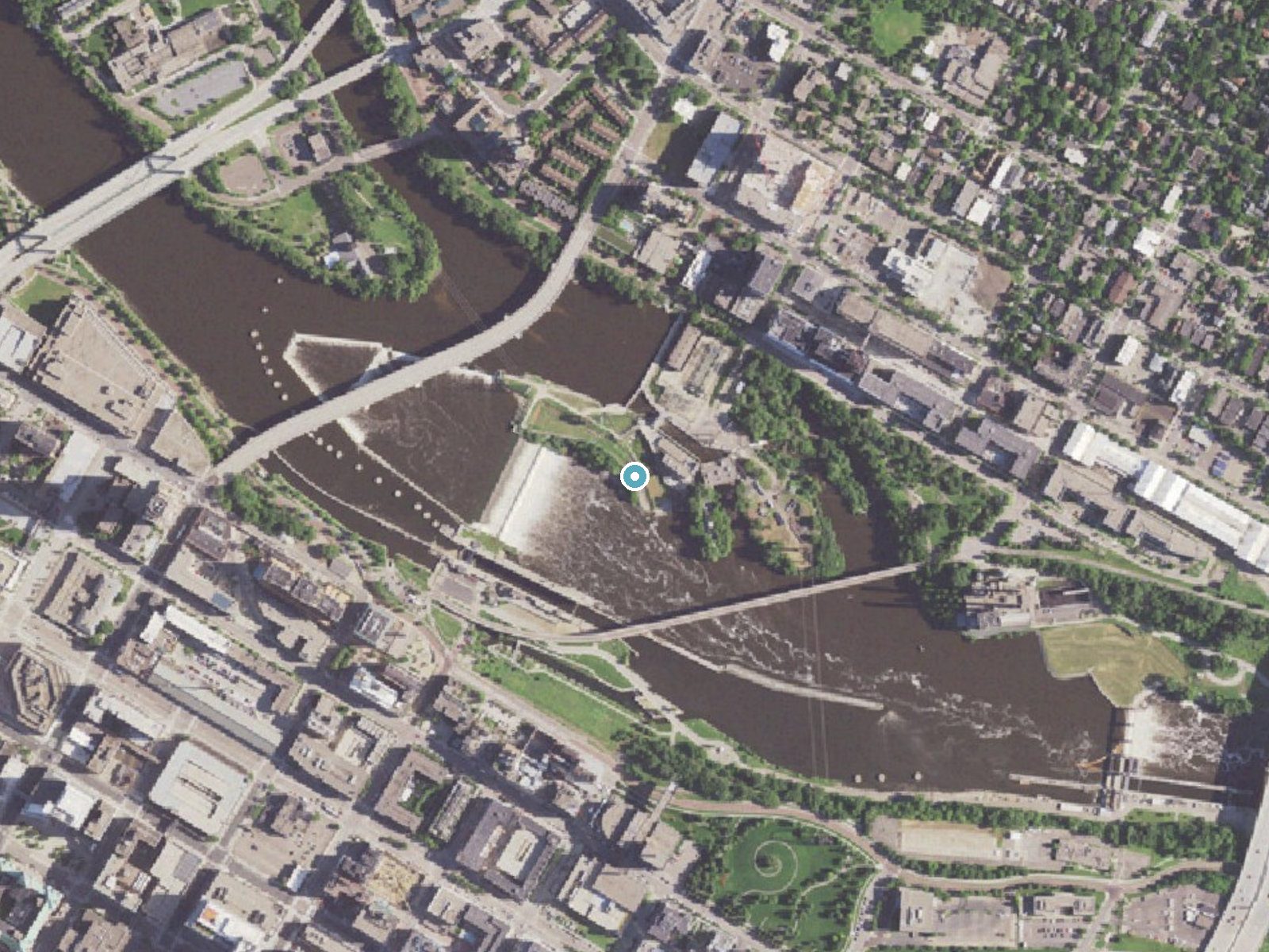 Aerial photo of the same ground around Saint Anthony Falls near Minneapolis, Minnesota, for comparison with the lidar view