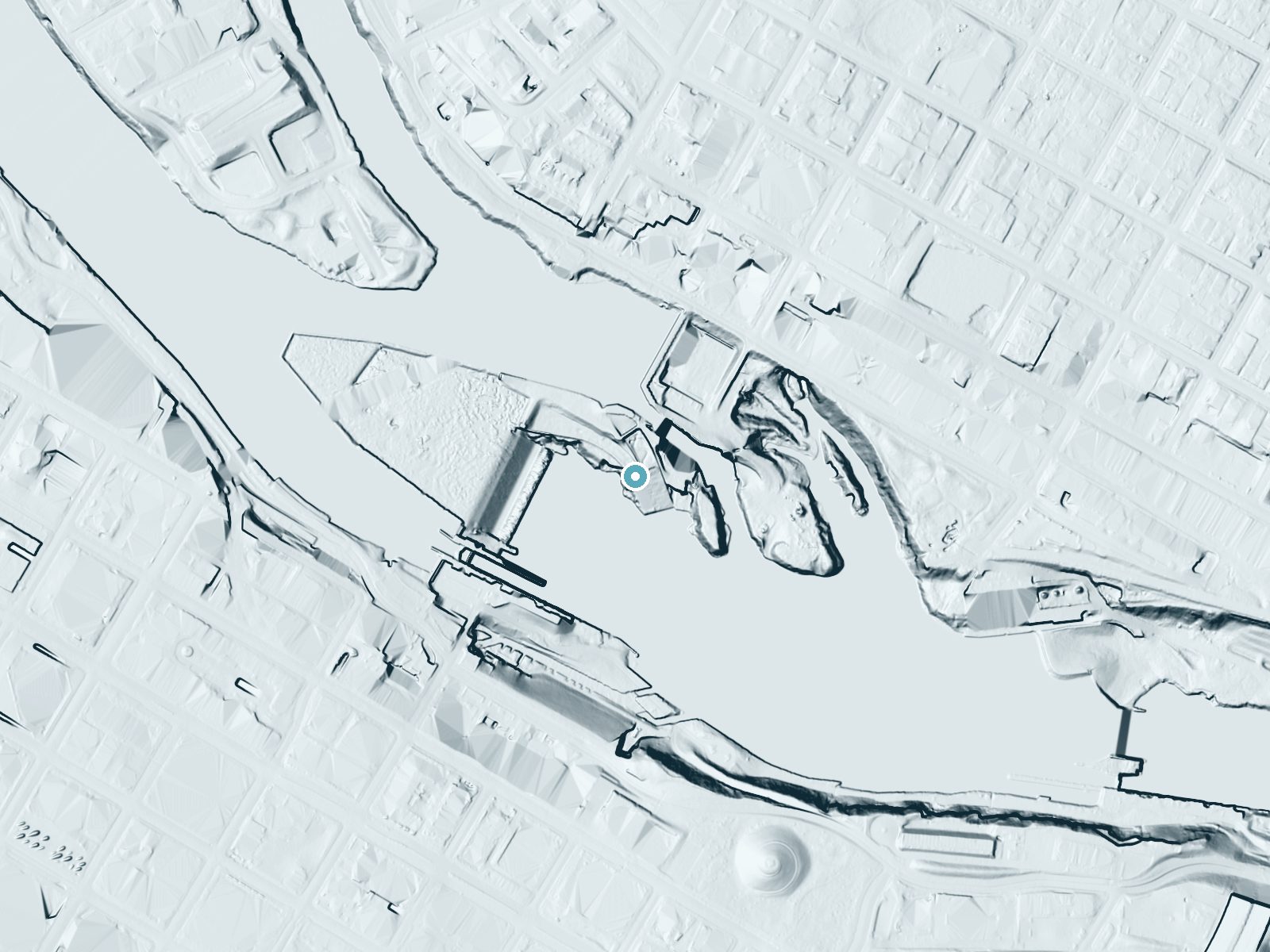 LiDAR bare-earth terrain around Saint Anthony Falls near Minneapolis, Minnesota, showing about 56 feet of drop, a long cascade, facing south