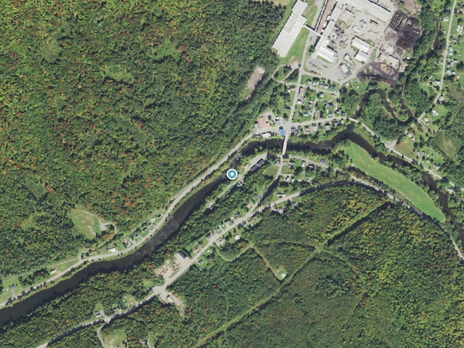 Aerial photo of the same ground around Beecher Falls near Beecher Falls, Vermont, for comparison with the lidar view