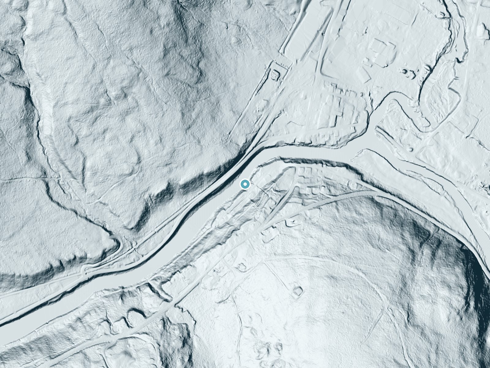 LiDAR bare-earth terrain around Beecher Falls near Beecher Falls, Vermont, showing about 71 feet of drop, a long cascade, facing northwest