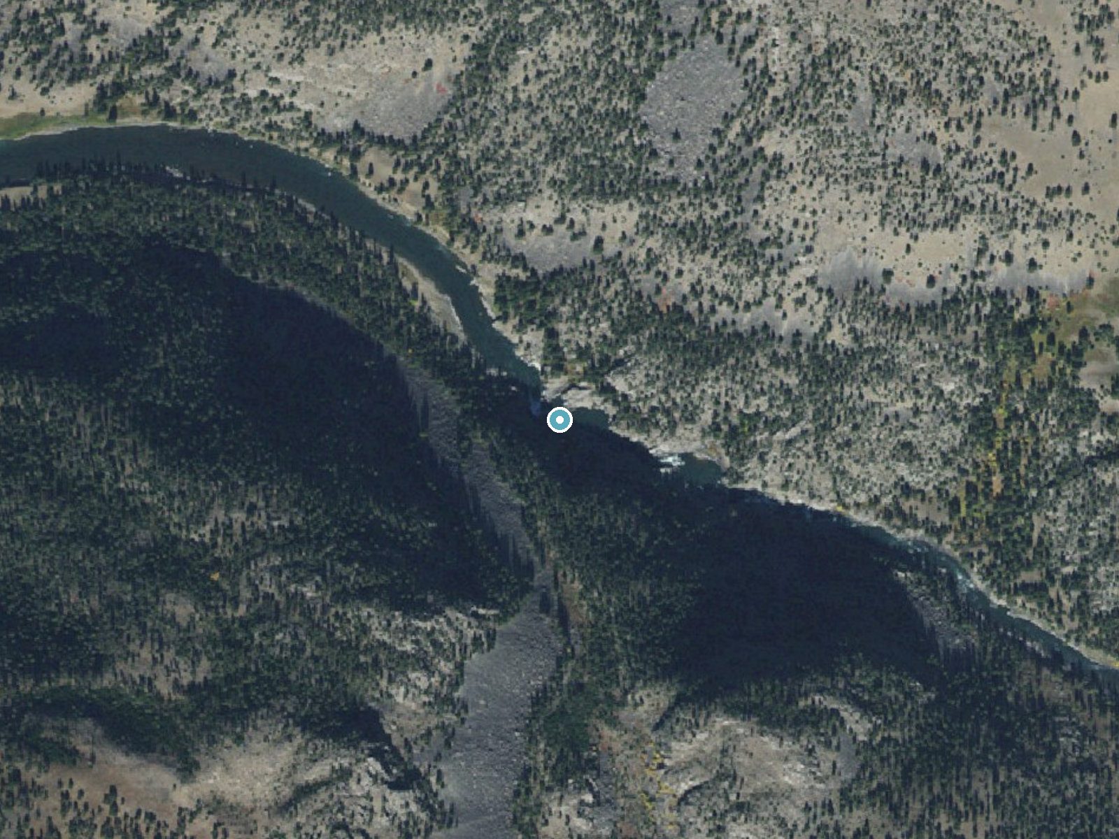 Aerial photo of the same ground around Knowles Falls near Jardine, Montana, for comparison with the lidar view