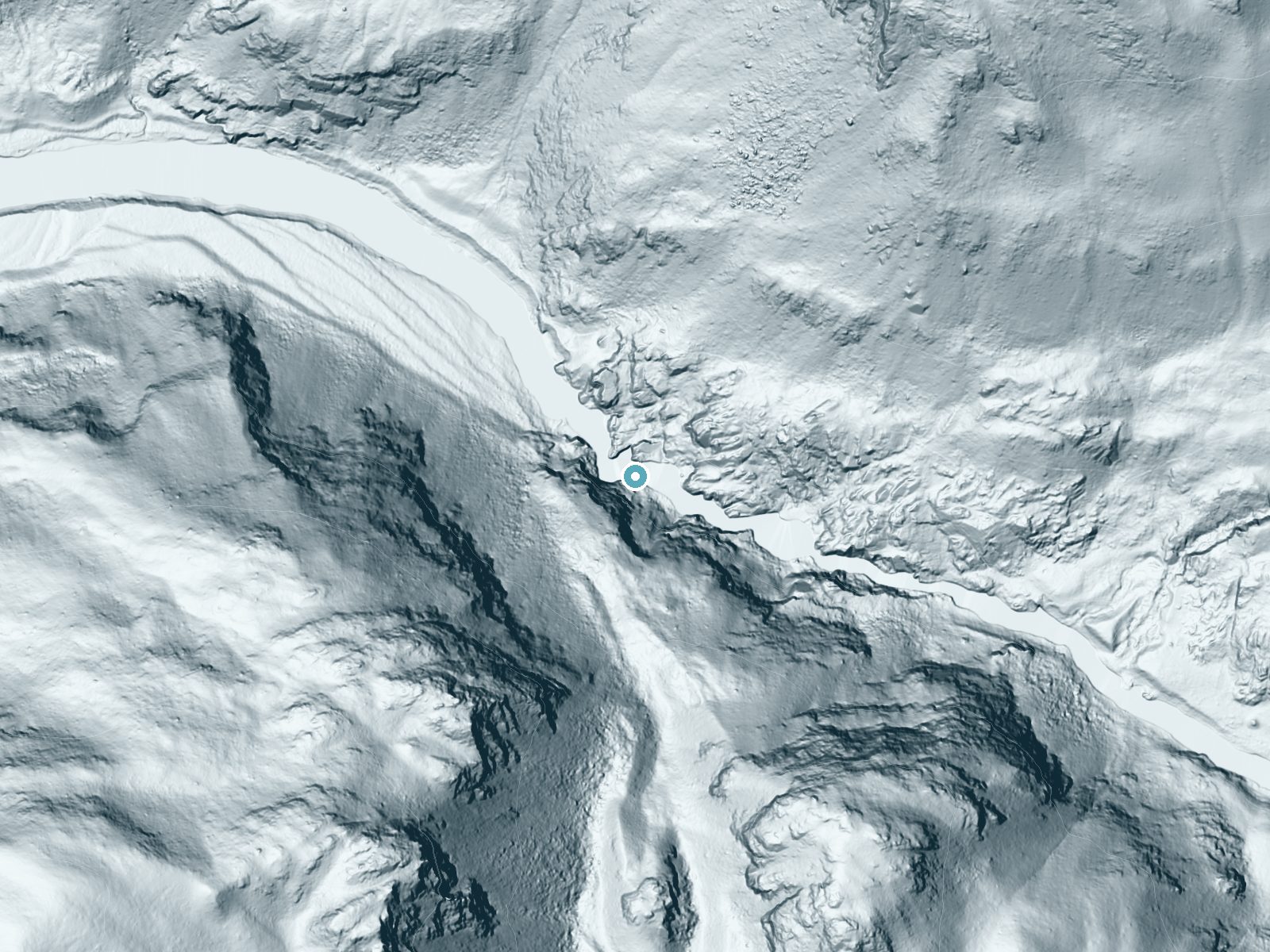 LiDAR bare-earth terrain around Knowles Falls near Jardine, Montana, showing about 283 feet of drop, a single sheer drop, facing northeast