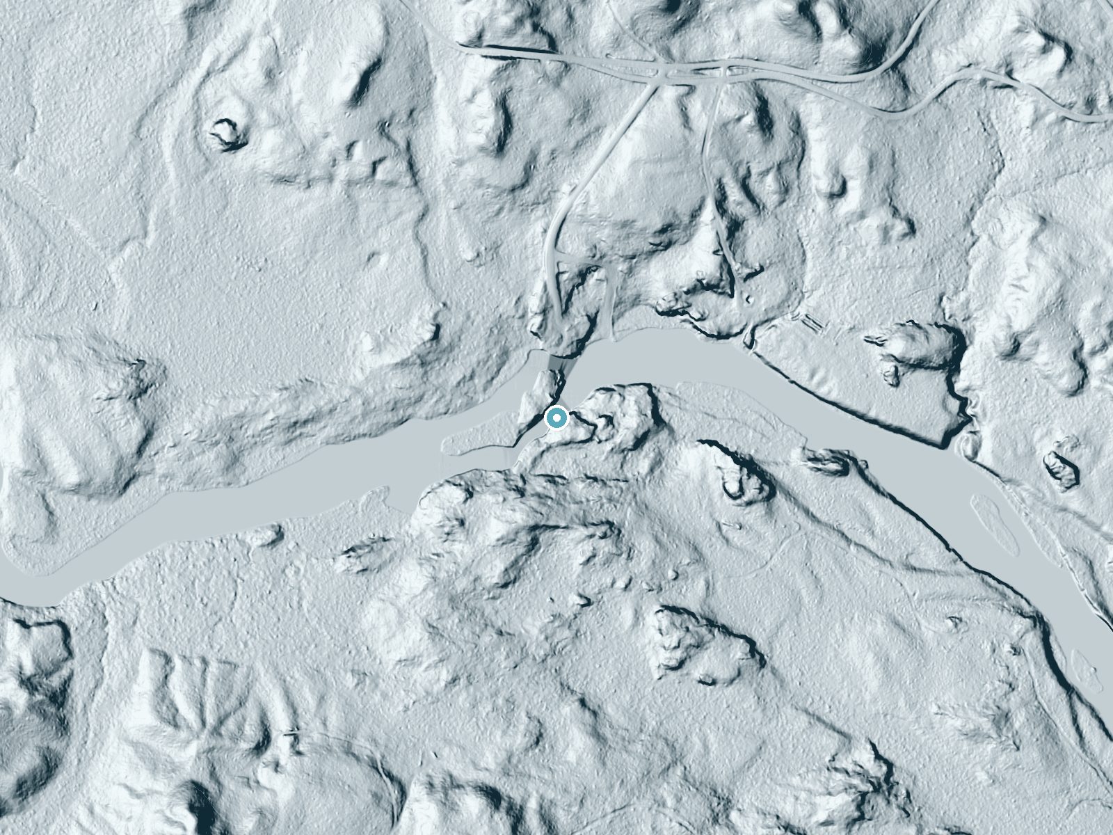 LiDAR bare-earth terrain around Big Smoky Falls near Middle Village, Wisconsin, showing about 29 feet of drop, a long cascade, facing northeast