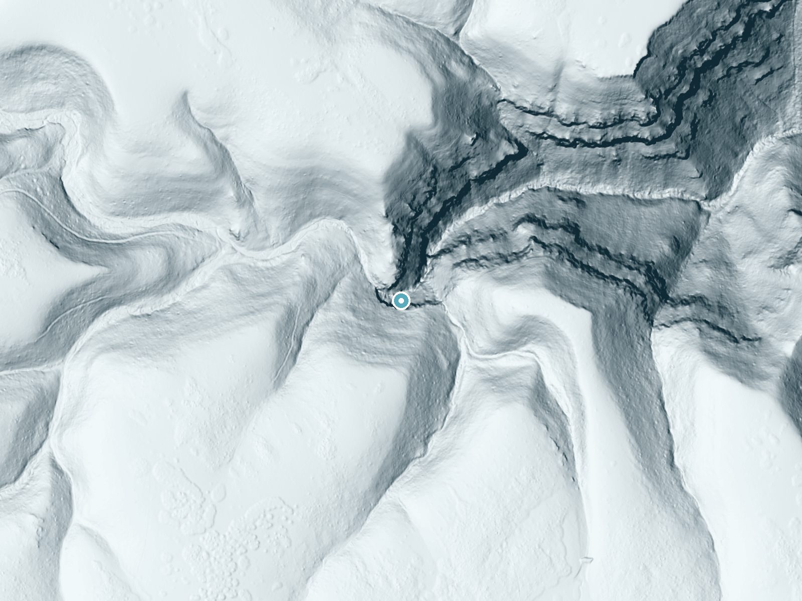 LiDAR bare-earth terrain around Thompson Falls near Ukiah, Oregon, showing about 230 feet of drop, a steep tiered drop, facing north
