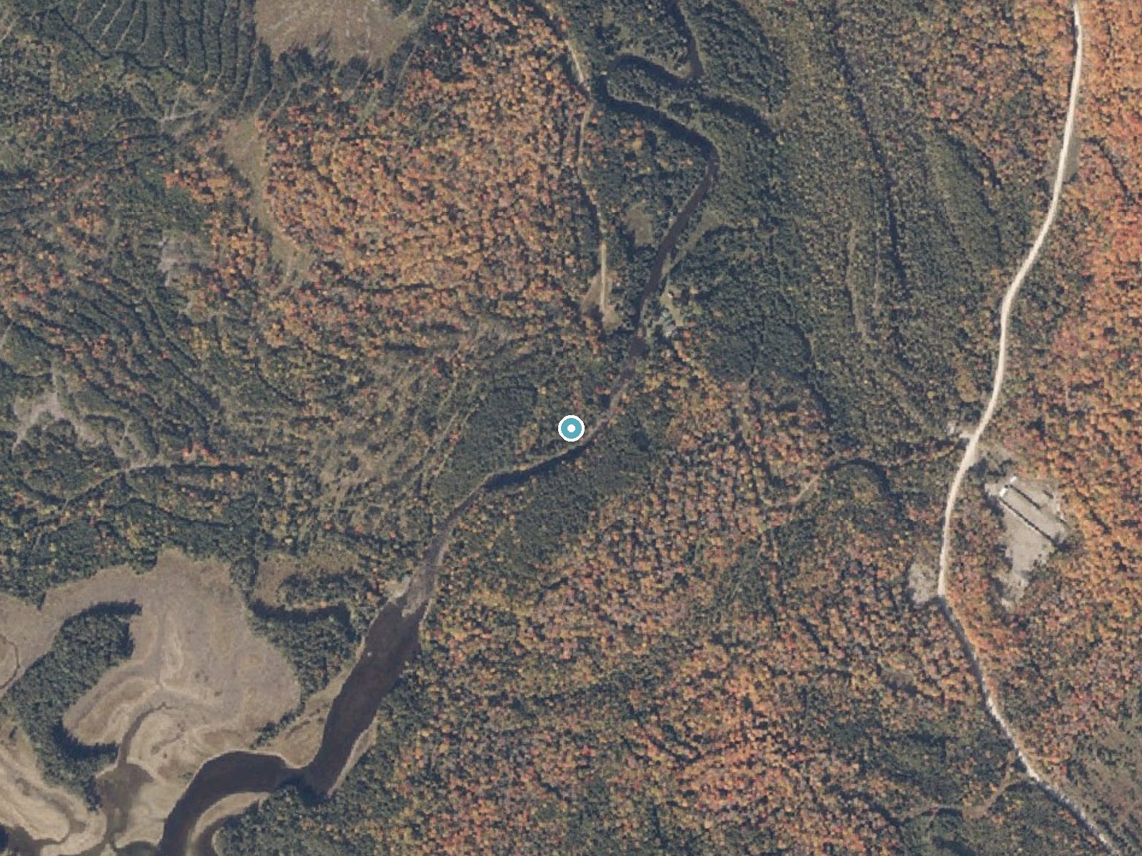 Aerial photo of the same ground around Little Falls near Rangeley, Maine, for comparison with the lidar view