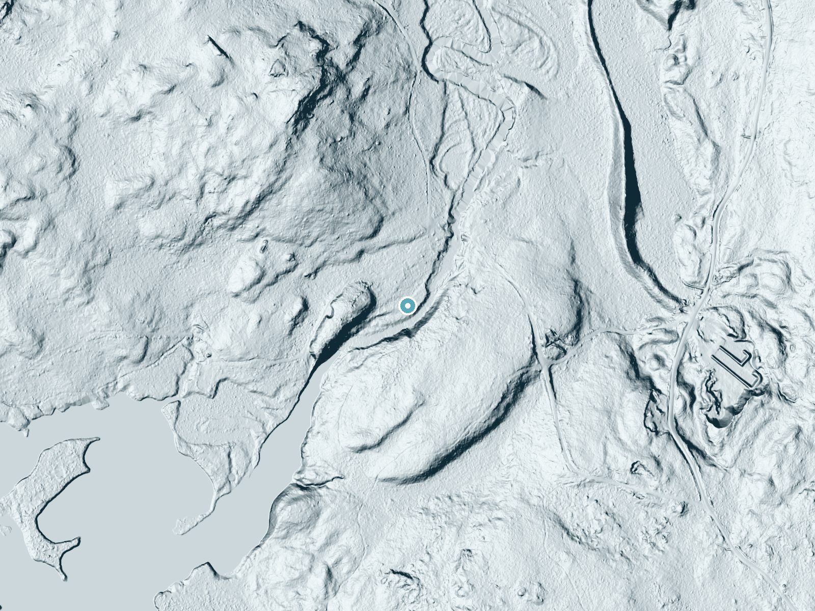 LiDAR bare-earth terrain around Little Falls near Rangeley, Maine, showing about 51 feet of drop, a steep tiered drop, facing northwest