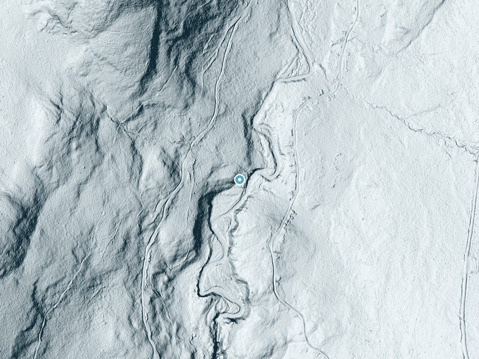 LiDAR bare-earth terrain around Garfield Falls near Beecher Falls, New Hampshire, showing about 55 feet of drop, a long cascade, facing southeast