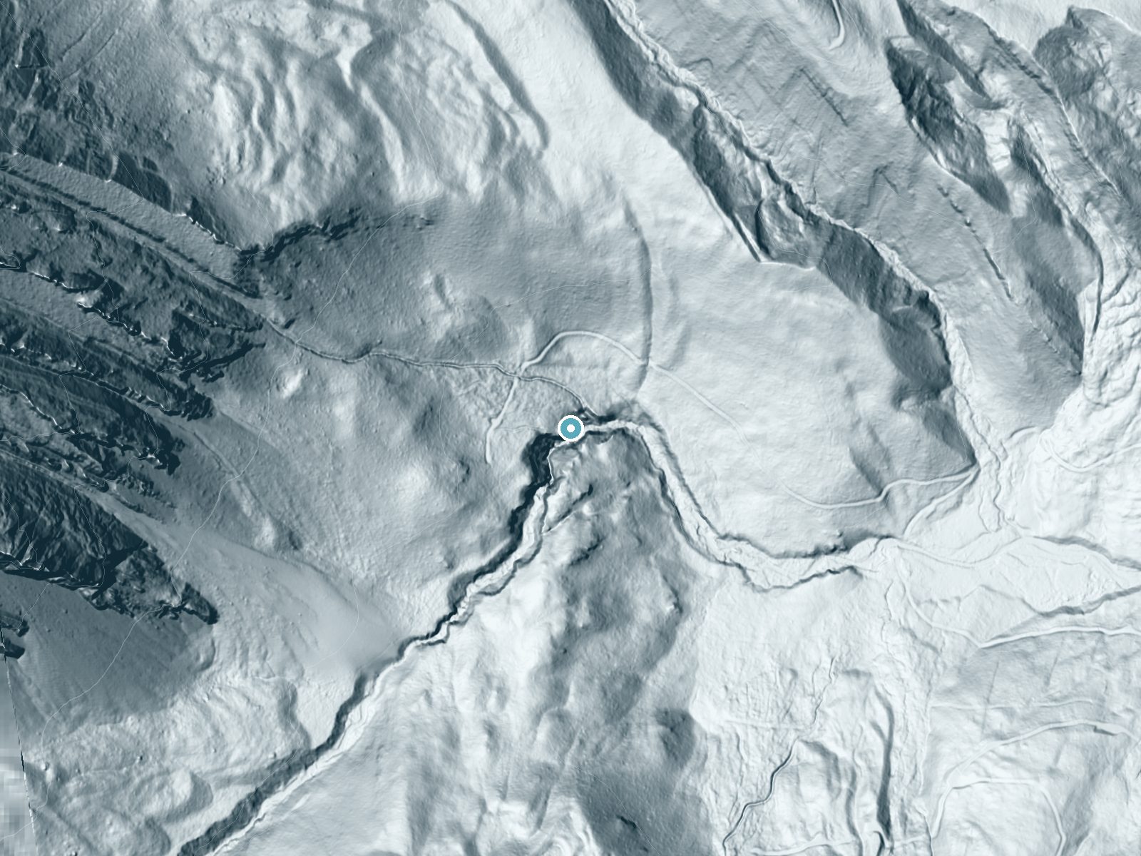 LiDAR bare-earth terrain around Taylor Falls near Big Sky, Montana, showing about 182 feet of drop, a steep tiered drop, facing east