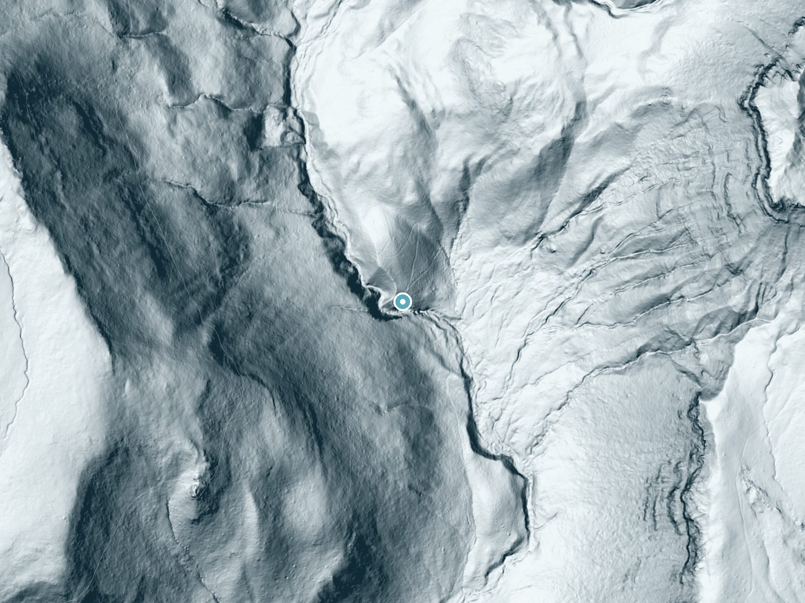 LiDAR bare-earth terrain around East Fork Falls near Halfway, Oregon, showing about 171 feet of drop, a steep tiered drop, facing southeast