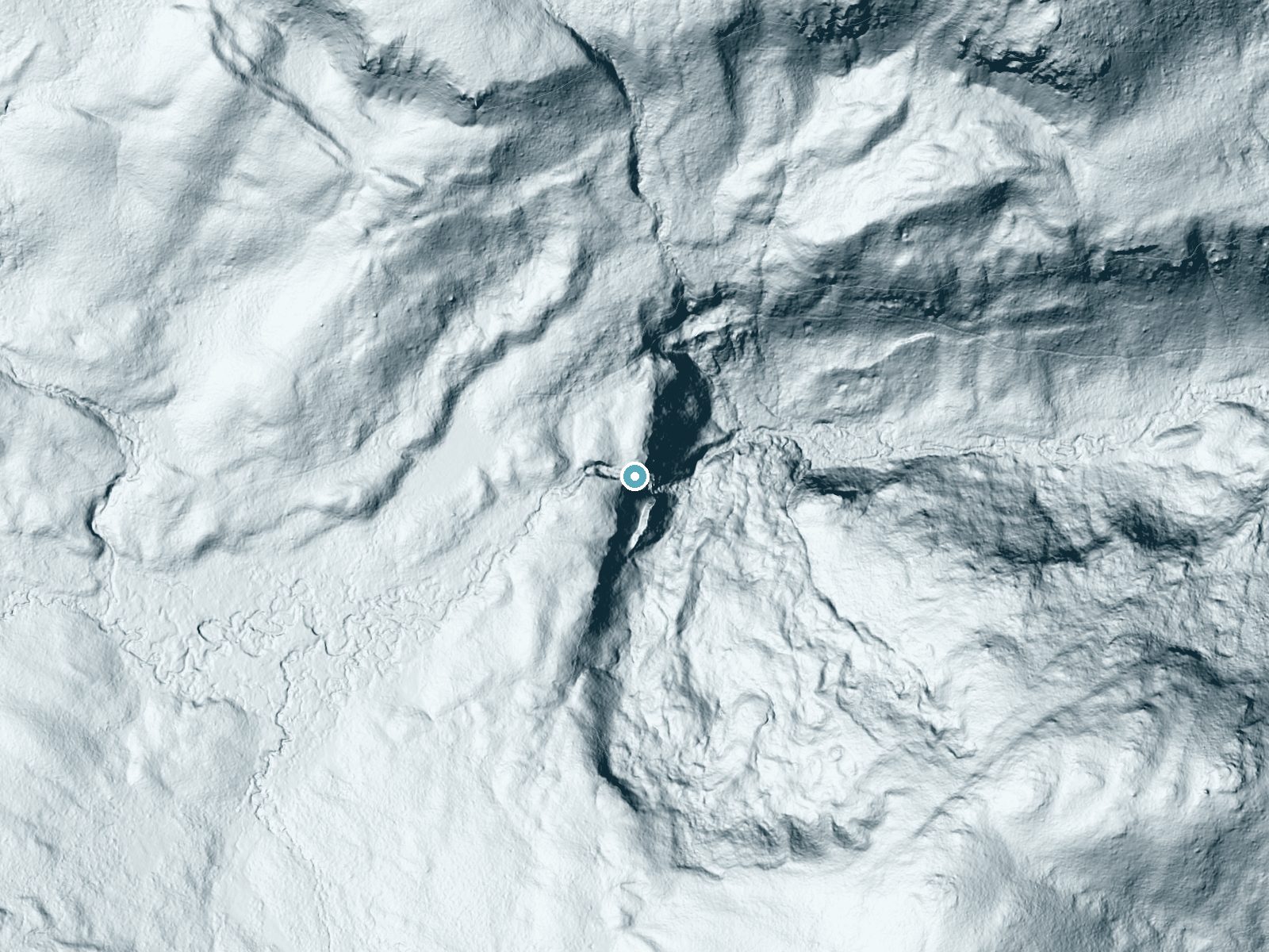 LiDAR bare-earth terrain around Specimen Falls near Jardine, Montana, showing about 183 feet of drop, a steep tiered drop, facing east