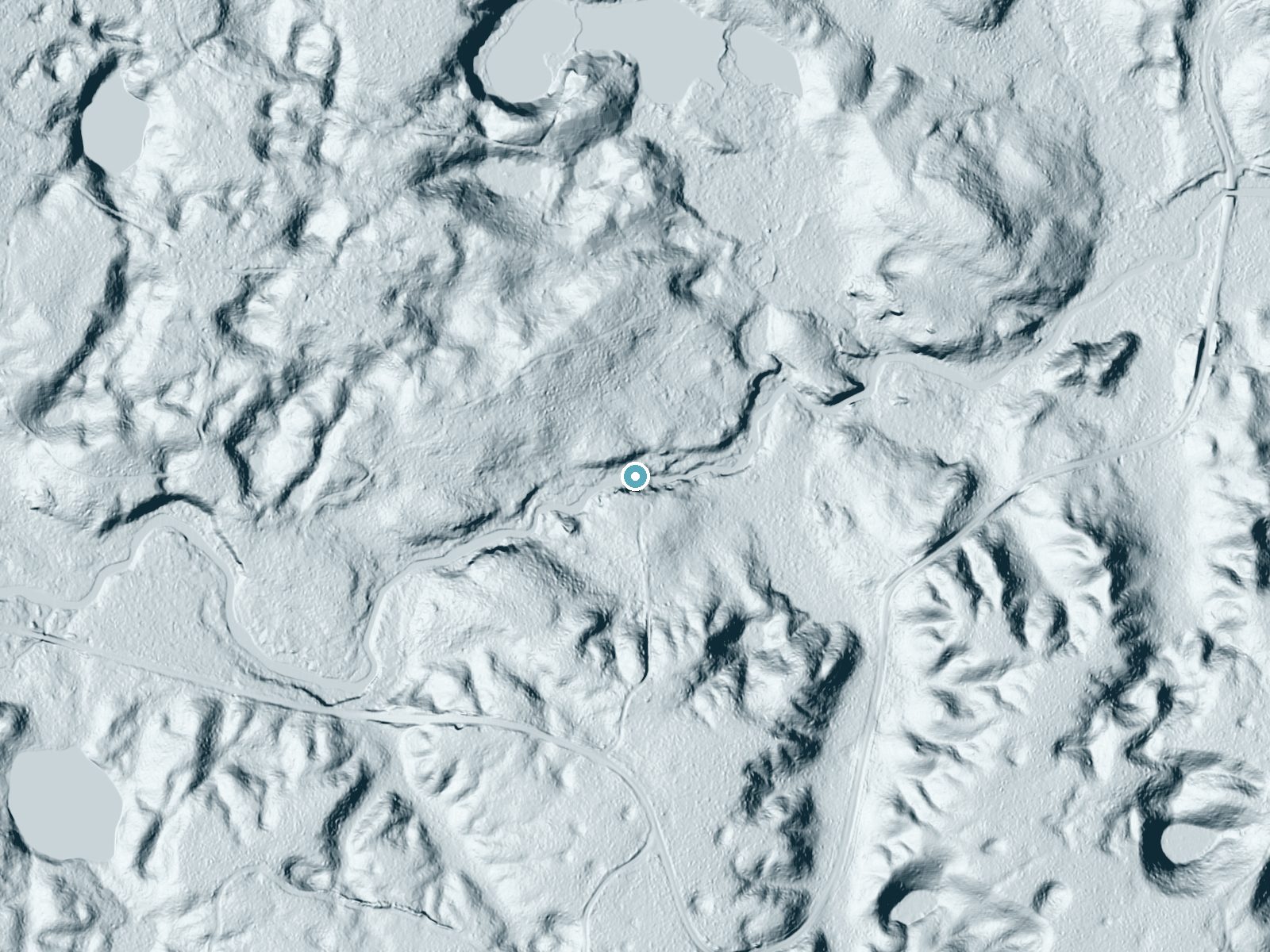 LiDAR bare-earth terrain around Evergreen Falls near Middle Village, Wisconsin, showing about 31 feet of drop, a long cascade, facing east