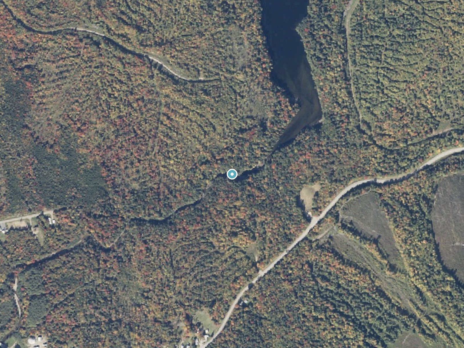 Aerial photo of the same ground around Houston Brook Falls near North Anson, Maine, for comparison with the lidar view