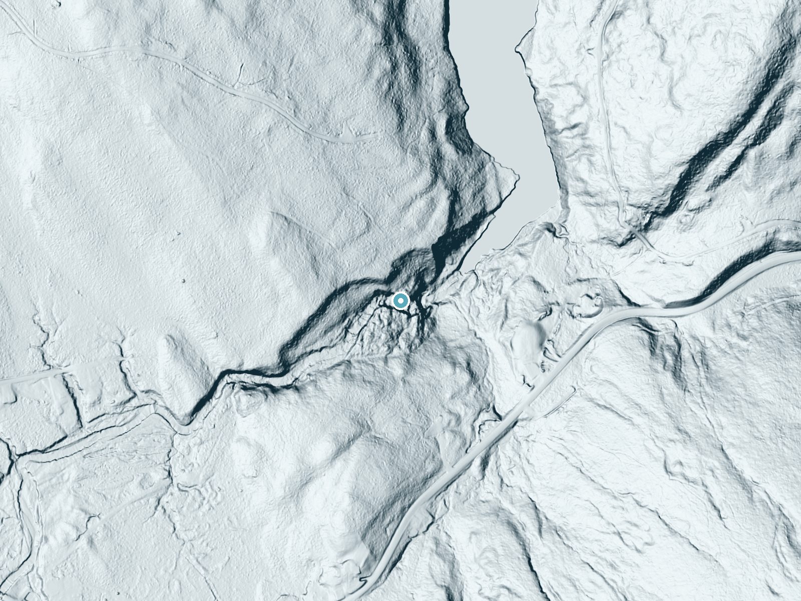 LiDAR bare-earth terrain around Houston Brook Falls near North Anson, Maine, showing about 138 feet of drop, a steep tiered drop, facing east