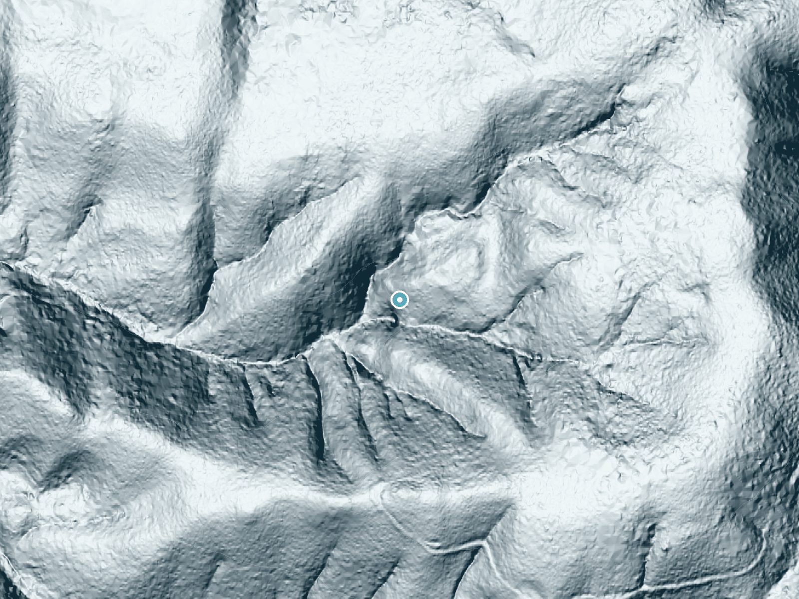 LiDAR bare-earth terrain around Chitwood Falls near Neskowin, Oregon, showing about 286 feet of drop, a steep tiered drop, facing west