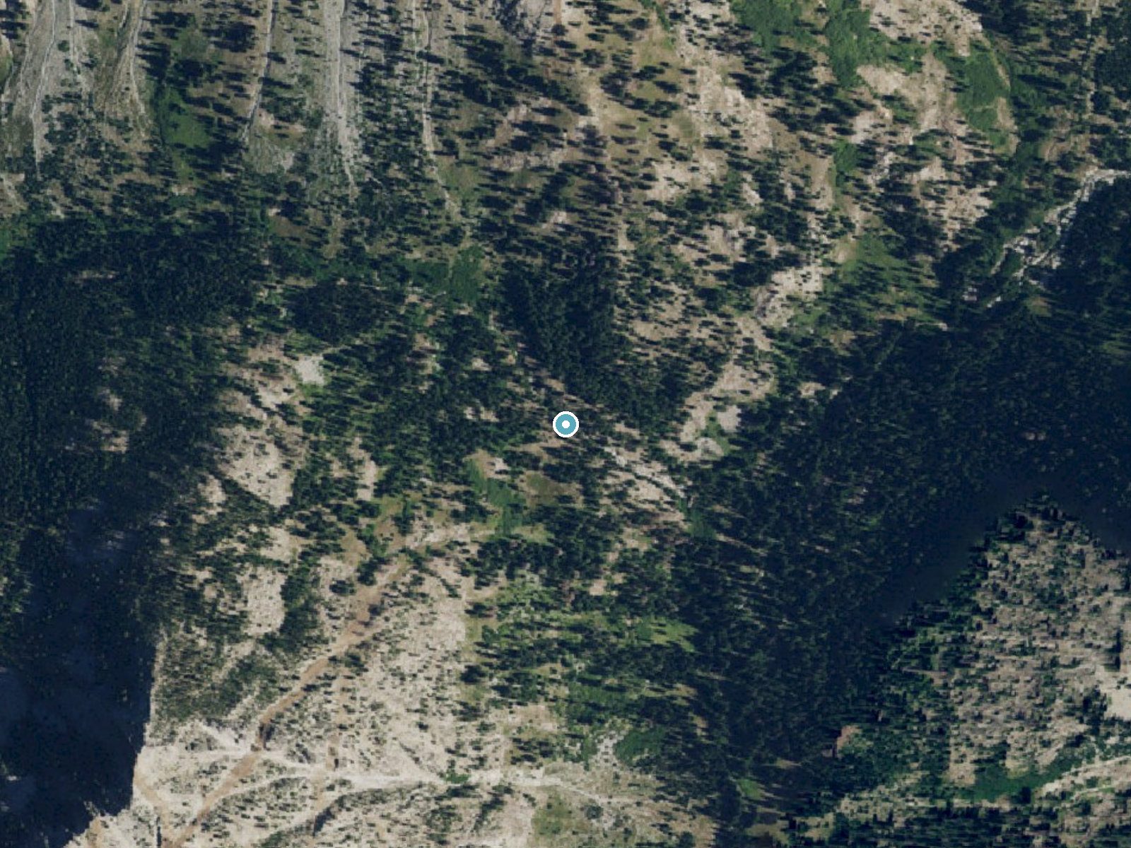 Aerial photo of the same ground around Copper Creek Falls near Wallowa Lake, Oregon, for comparison with the lidar view