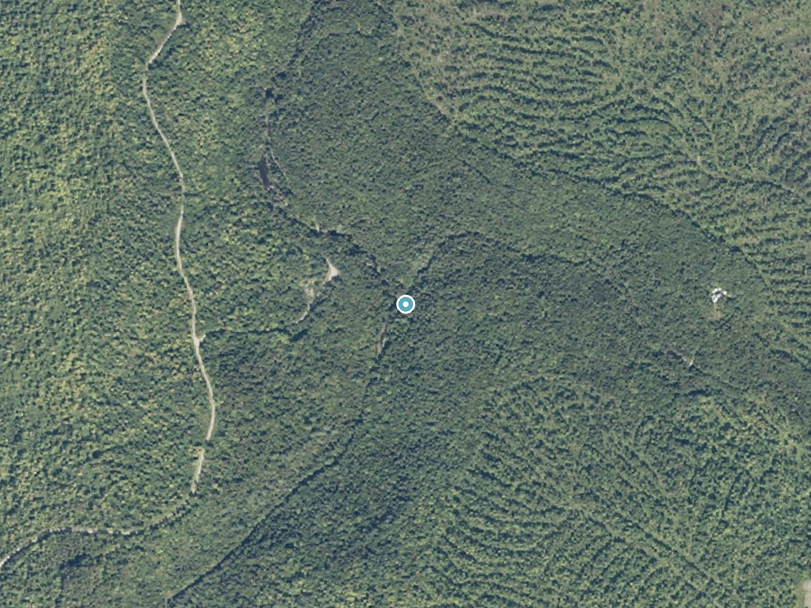 Aerial photo of the same ground around Poplar Stream Falls near Kingfield, Maine, for comparison with the lidar view