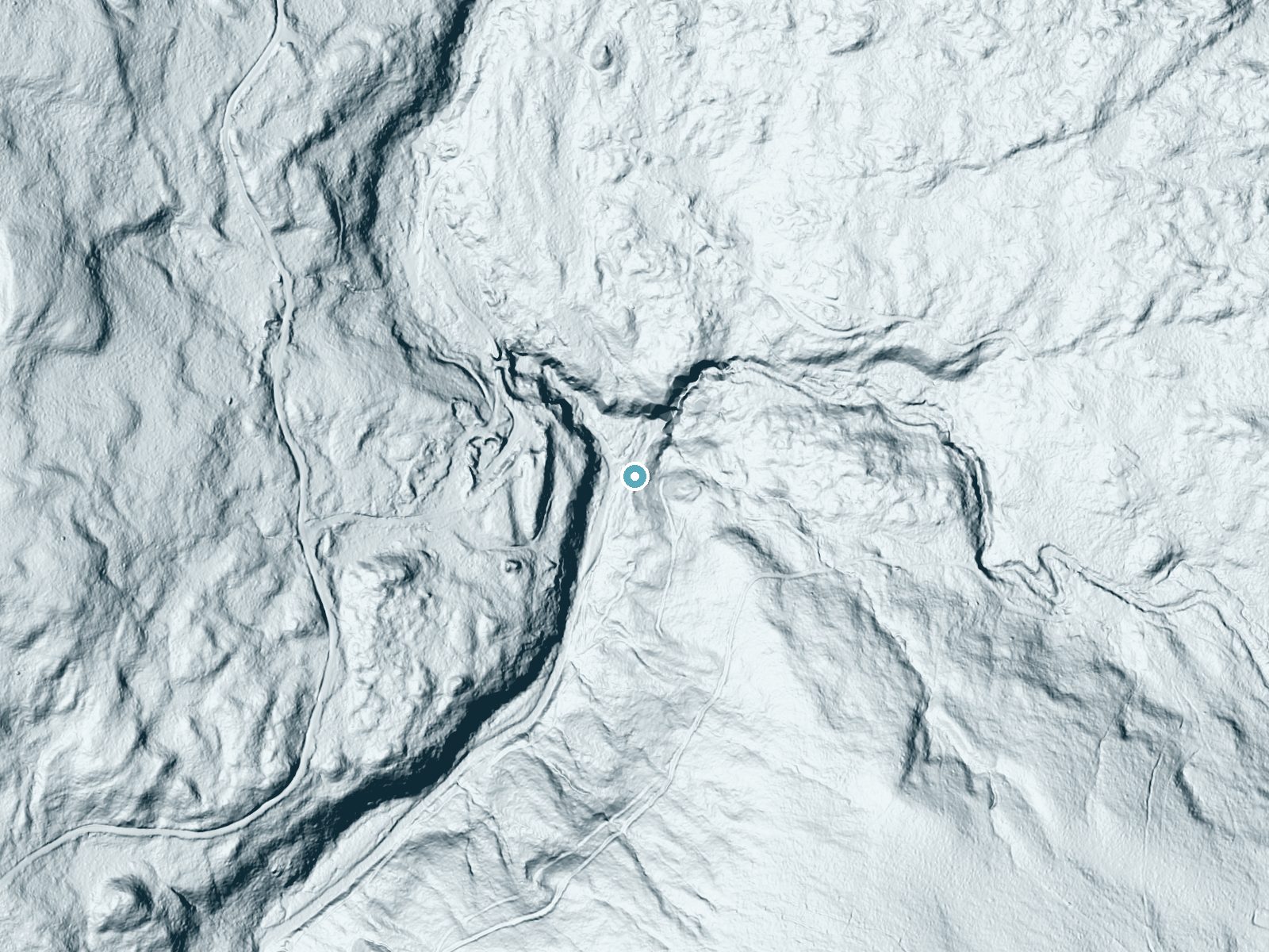 LiDAR bare-earth terrain around Poplar Stream Falls near Kingfield, Maine, showing about 125 feet of drop, a steep tiered drop, facing west
