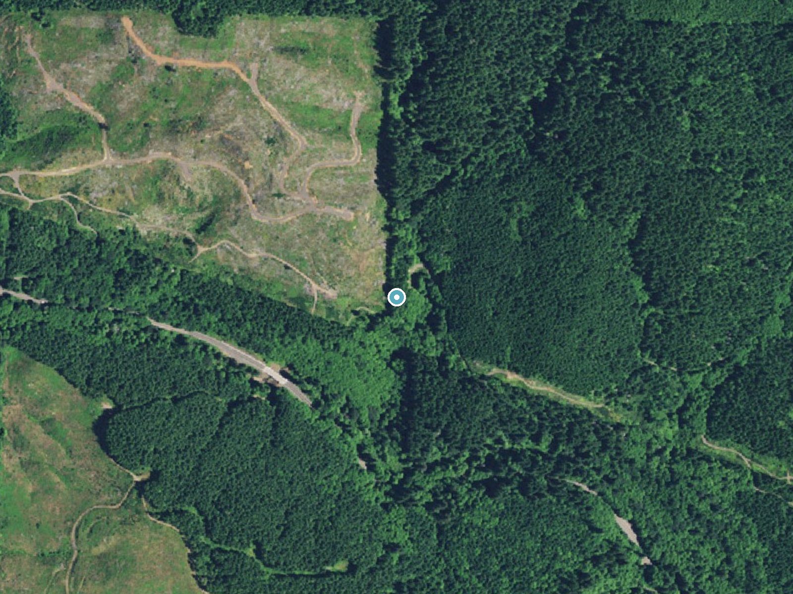 Aerial photo of the same ground around Gunaldo Falls near Grand Ronde, Oregon, for comparison with the lidar view
