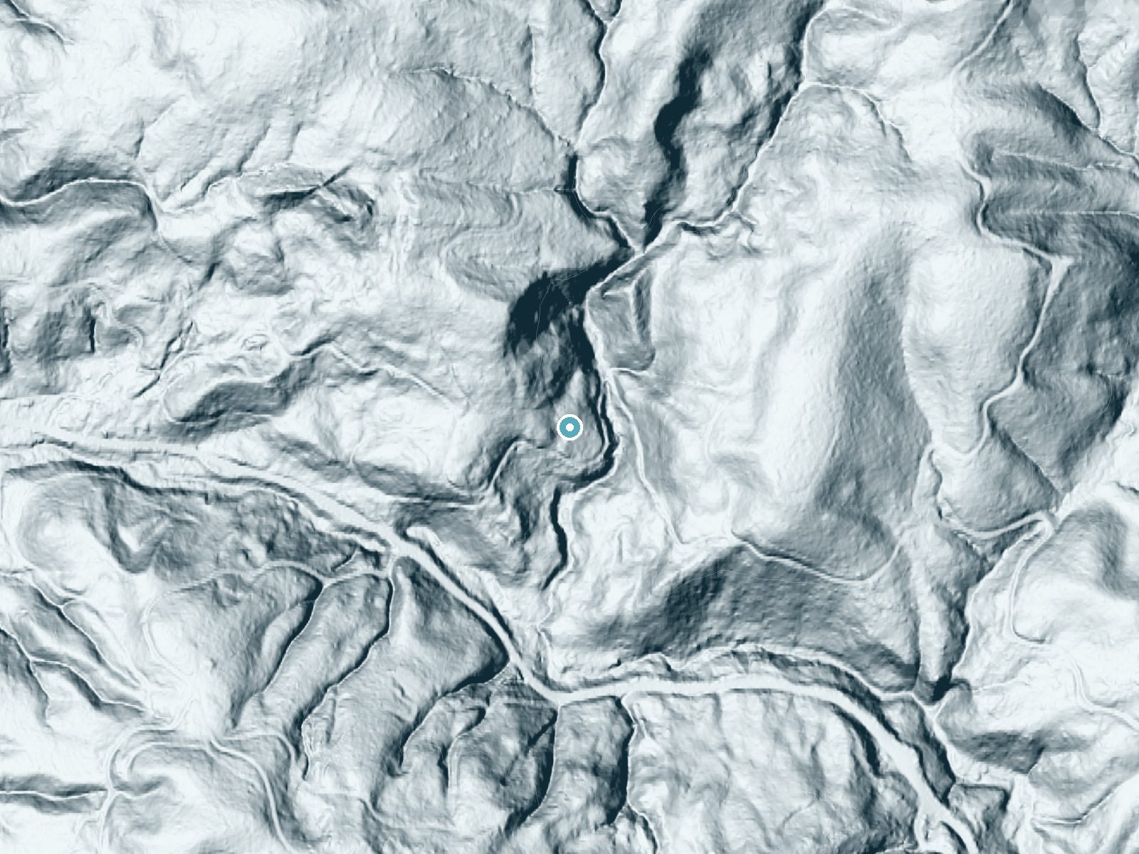 LiDAR bare-earth terrain around Gunaldo Falls near Grand Ronde, Oregon, showing about 162 feet of drop, a steep tiered drop, facing southeast
