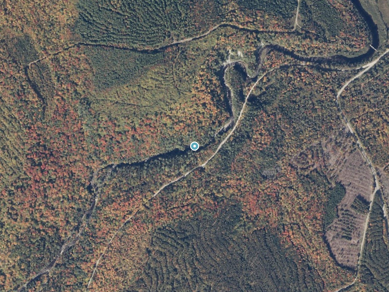 Aerial photo of the same ground around Austin Stream Falls near North Anson, Maine, for comparison with the lidar view