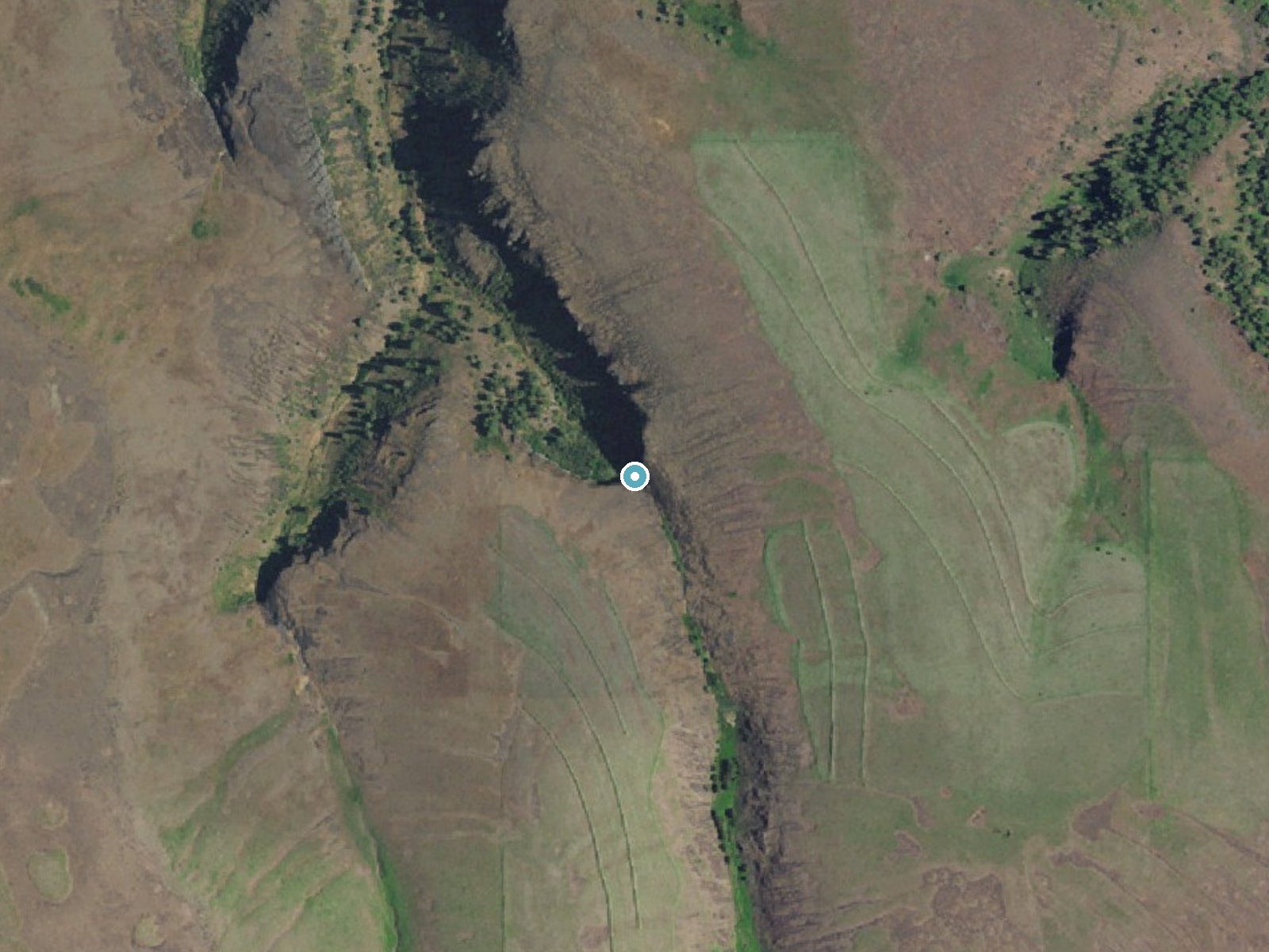 Aerial view of the ground around Glutton Falls near Lonerock, Oregon