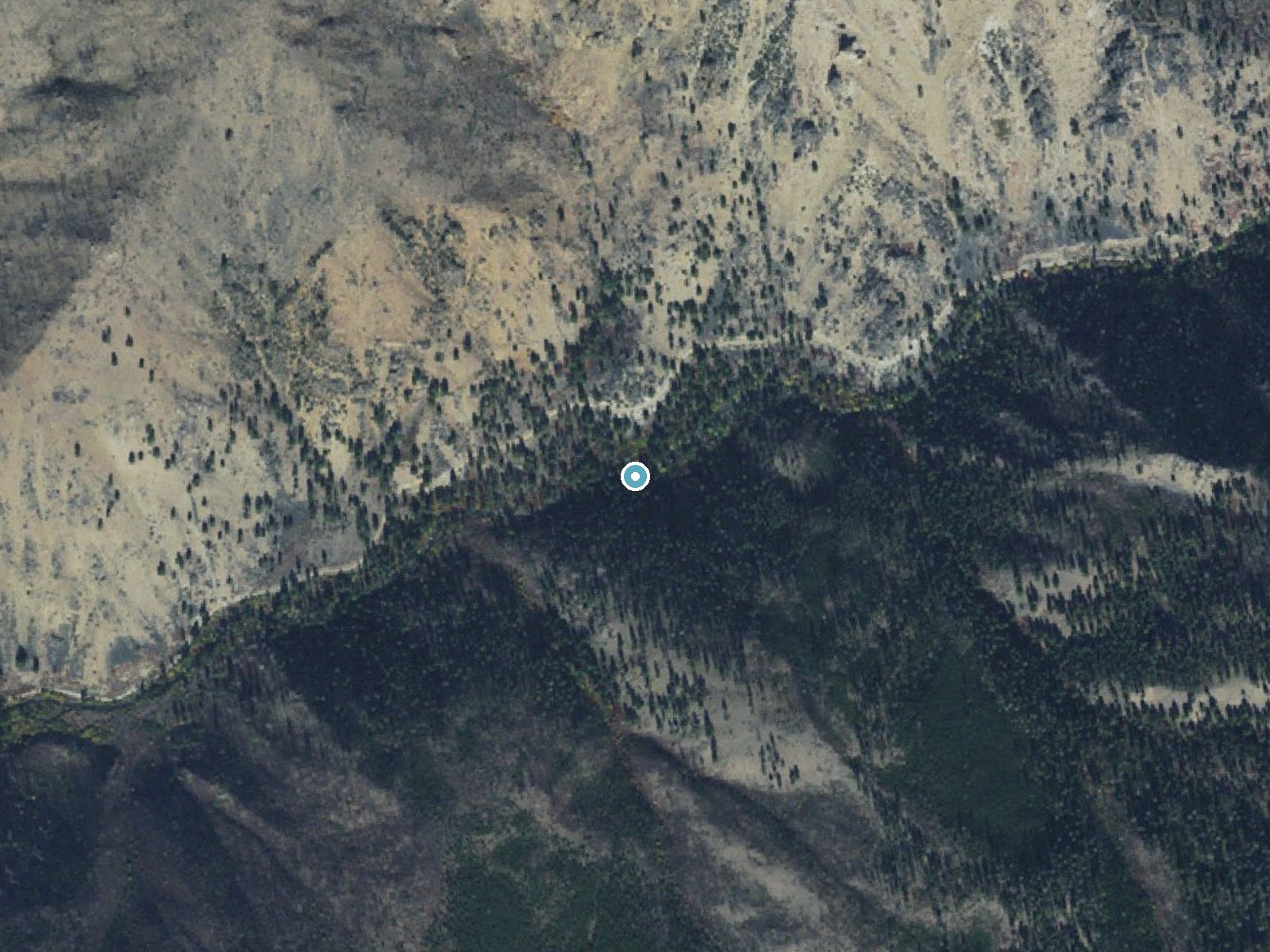 Aerial photo of the same ground around Napias Creek Falls near Salmon, Idaho, for comparison with the lidar view