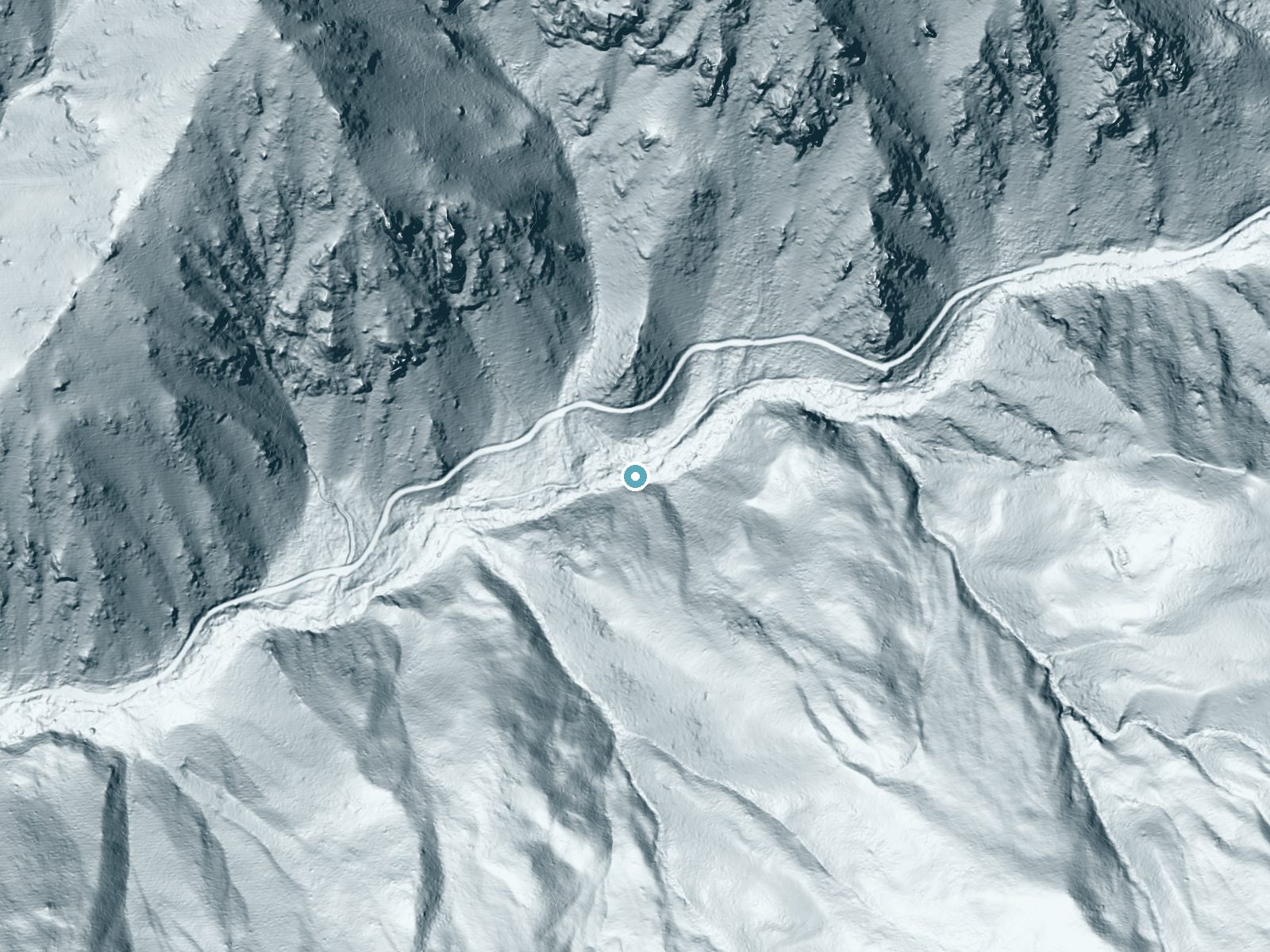 LiDAR bare-earth terrain around Napias Creek Falls near Salmon, Idaho, showing about 166 feet of drop, a steep tiered drop, facing northwest