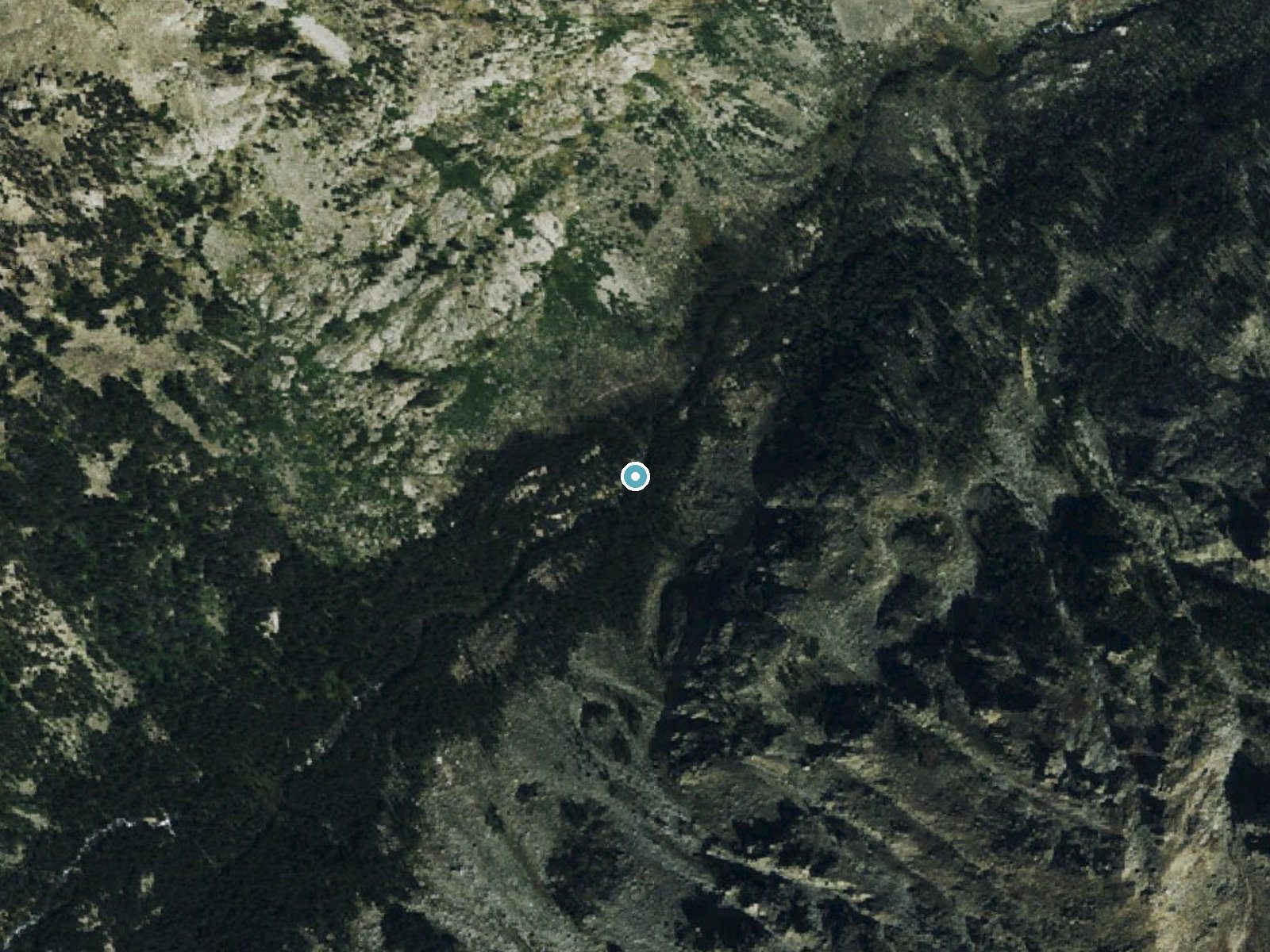 Aerial photo of the same ground around Sentinel Falls near Roscoe, Montana, for comparison with the lidar view