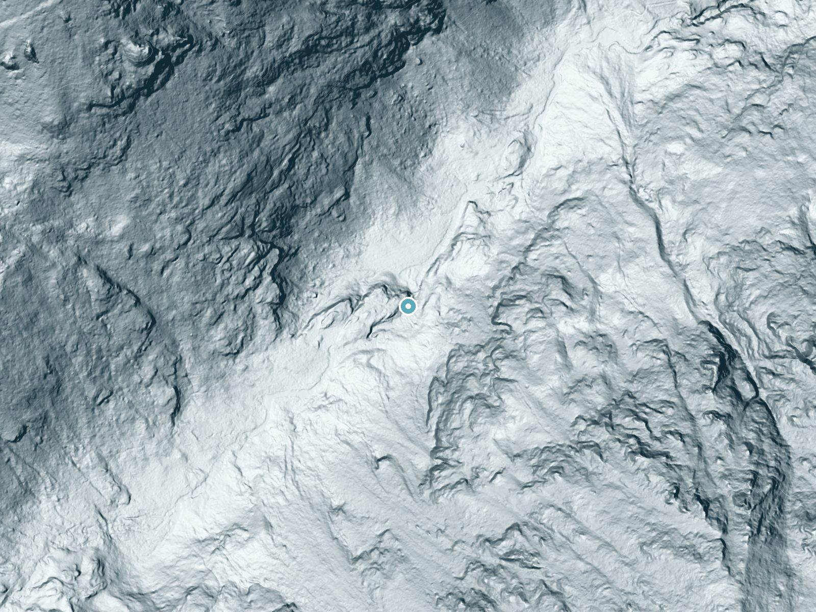 LiDAR bare-earth terrain around Sentinel Falls near Roscoe, Montana, showing about 122 feet of drop, a steep tiered drop, facing north